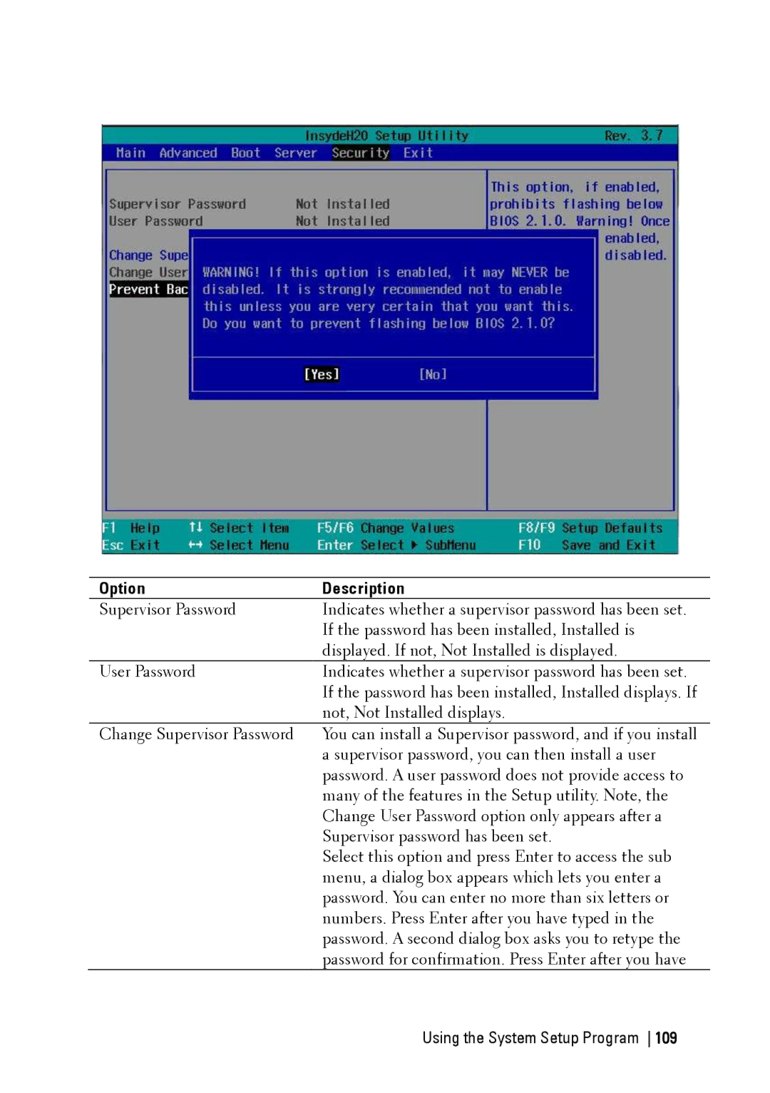 Dell C6220 II owner manual Supervisor Password, If the password has been installed, Installed is, User Password 