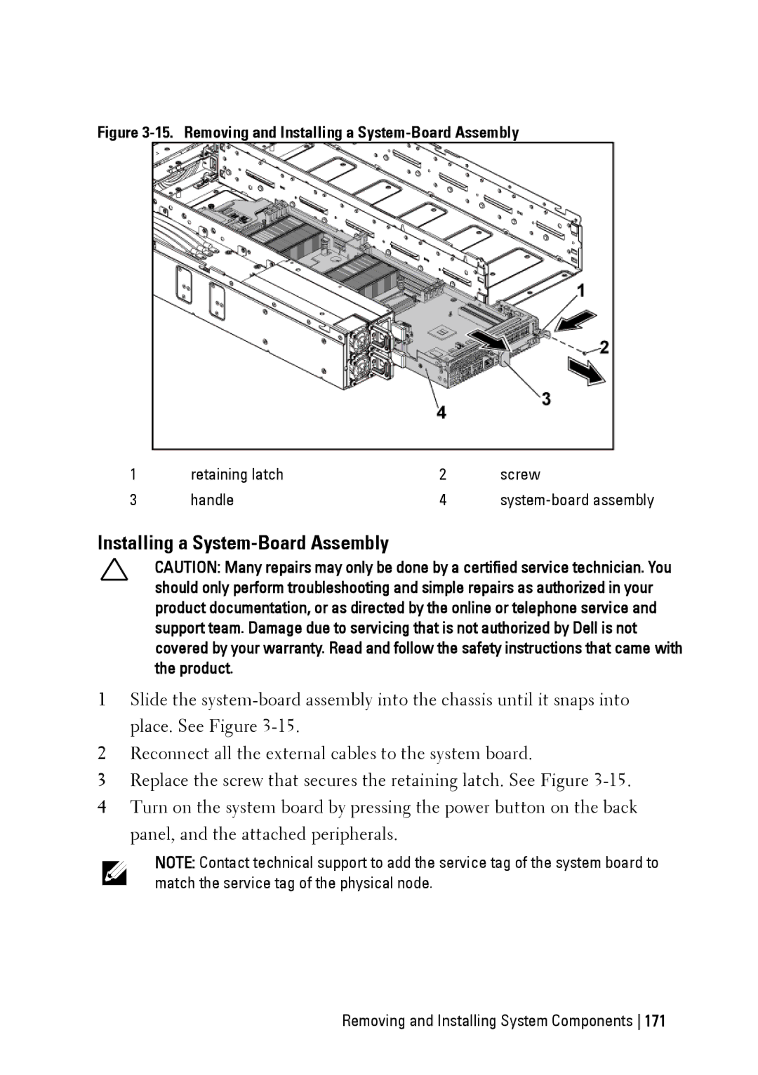 Dell C6220 II owner manual Installing a System-Board Assembly, Retaining latch Screw Handle 