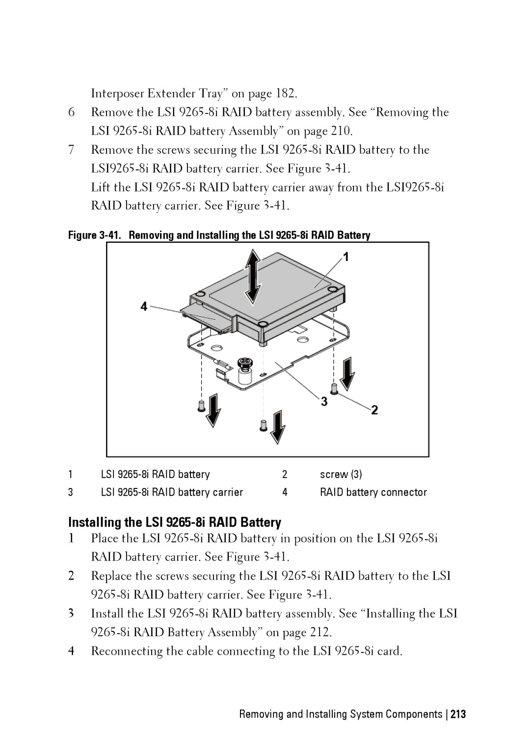 Dell C6220 II owner manual Installing the LSI 9265-8i RAID Battery, RAID battery Screw, RAID battery carrier 