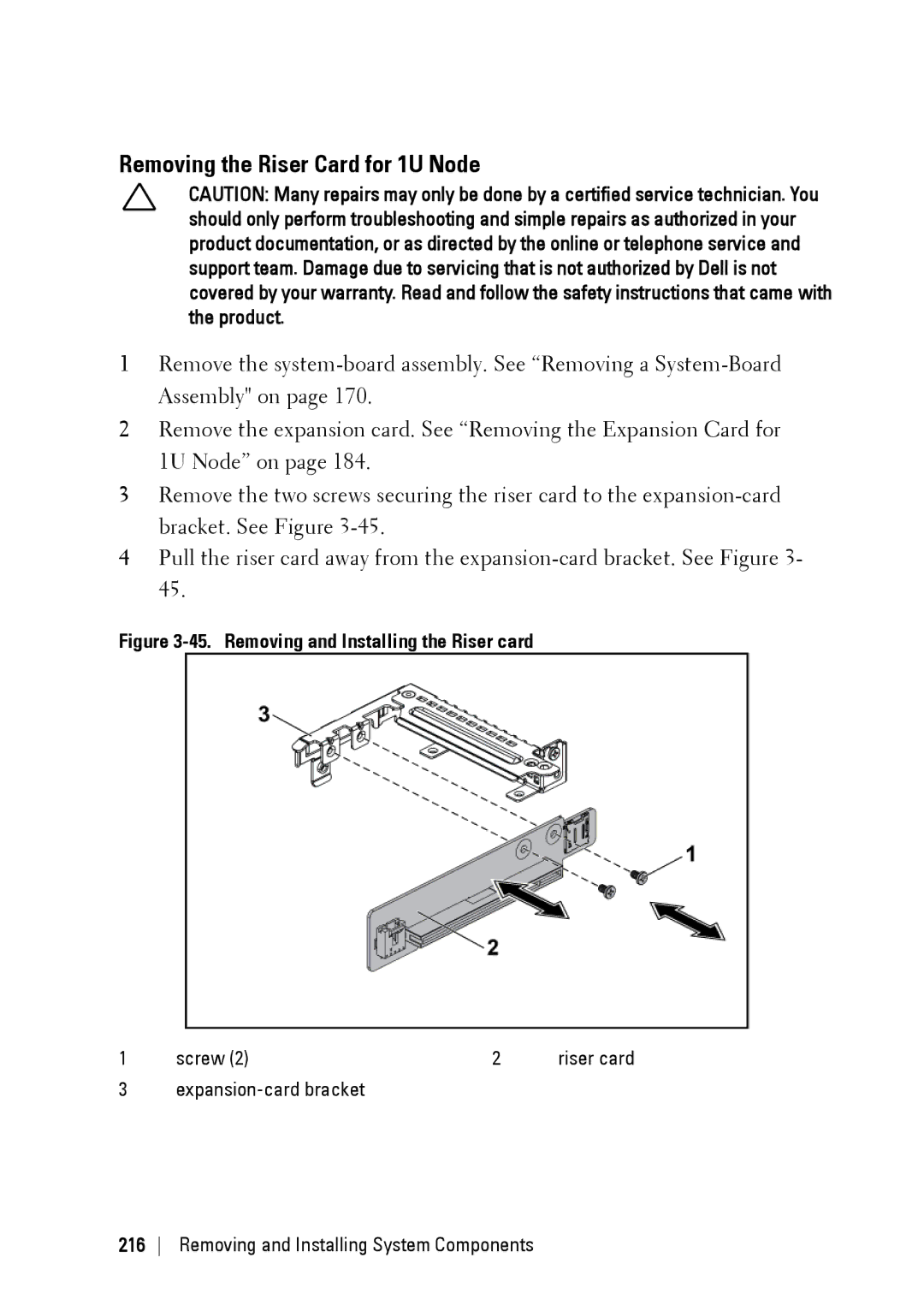 Dell C6220 II owner manual Removing the Riser Card for 1U Node, Removing and Installing the Riser card 