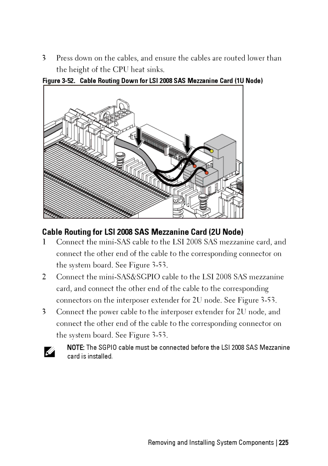 Dell C6220 II owner manual Cable Routing for LSI 2008 SAS Mezzanine Card 2U Node 