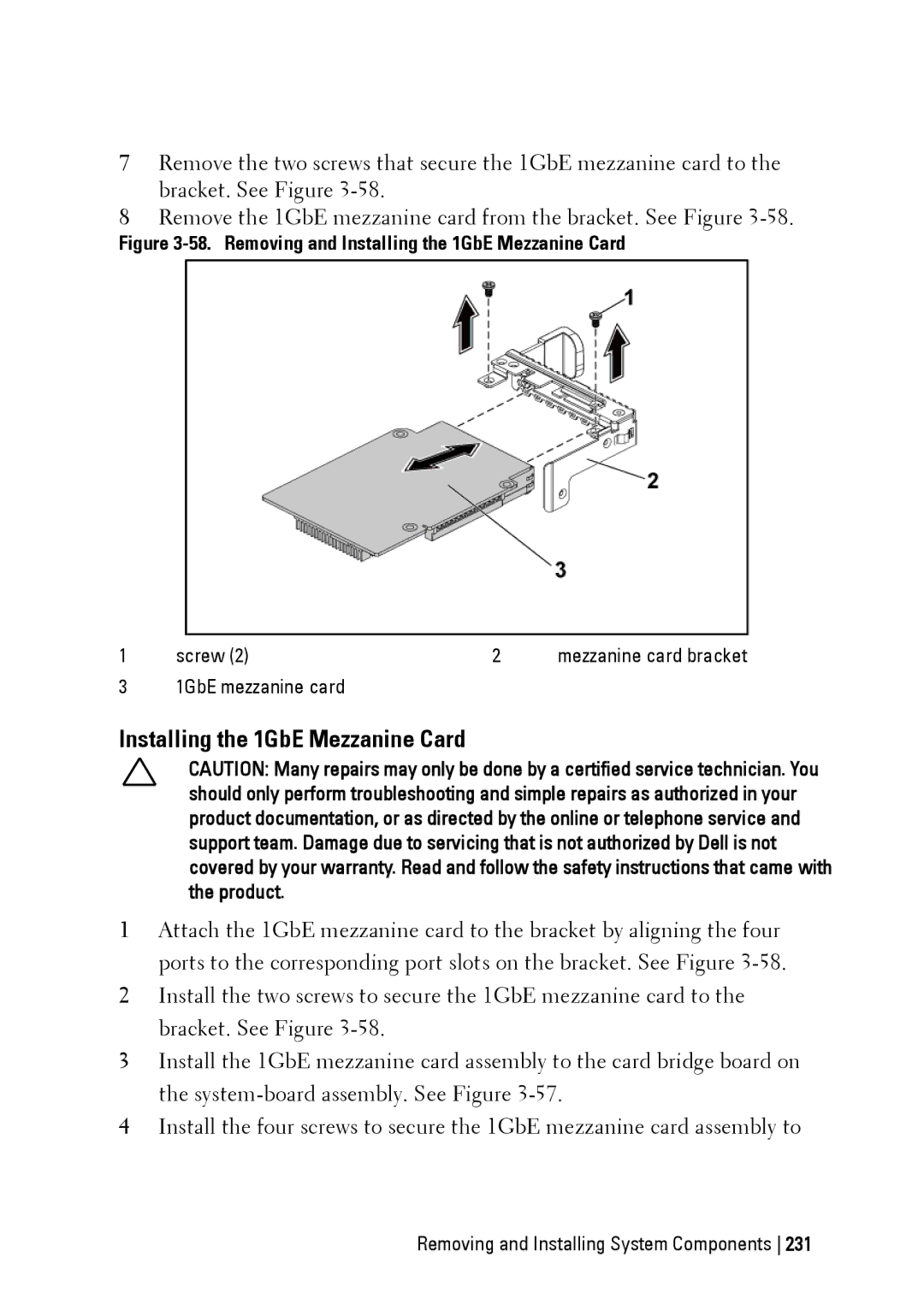 Dell C6220 II owner manual Installing the 1GbE Mezzanine Card, 1GbE mezzanine card 