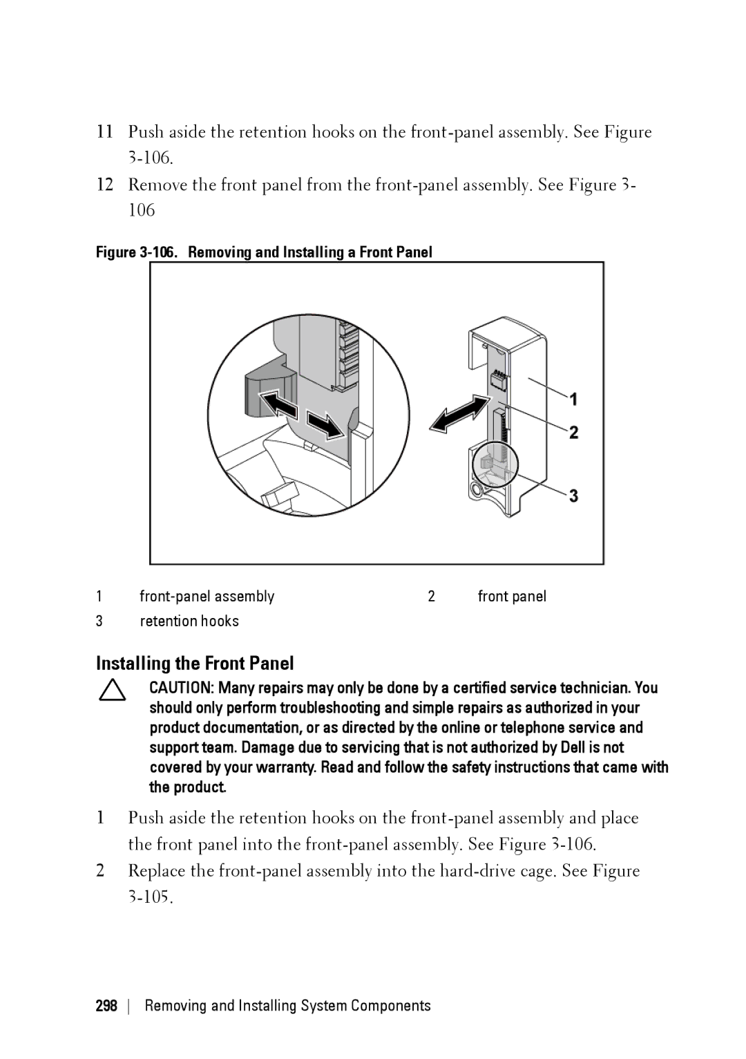 Dell C6220 II owner manual Installing the Front Panel, Retention hooks 