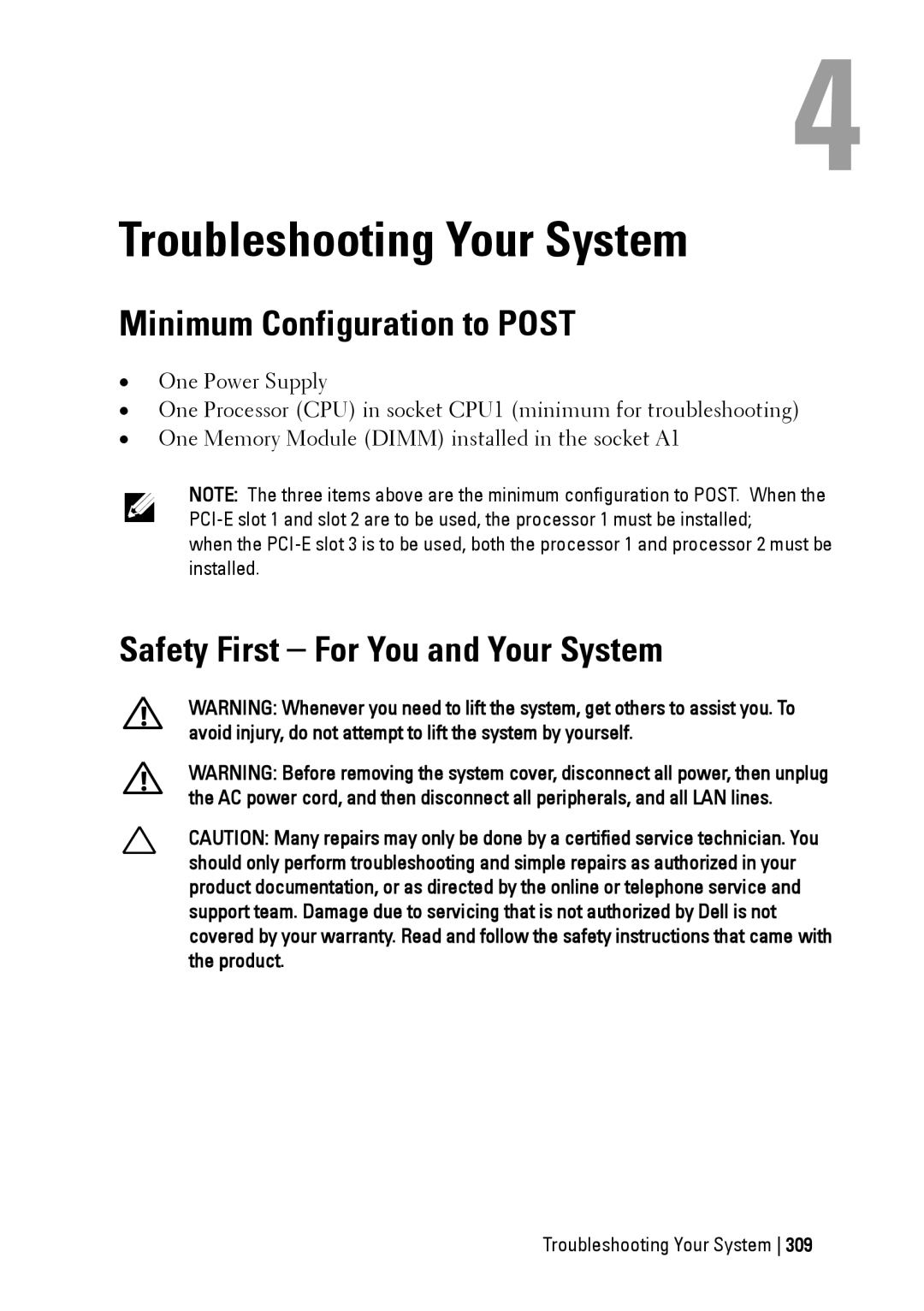 Dell C6220 II owner manual Minimum Configuration to Post, Safety First For You and Your System, Troubleshooting Your System 