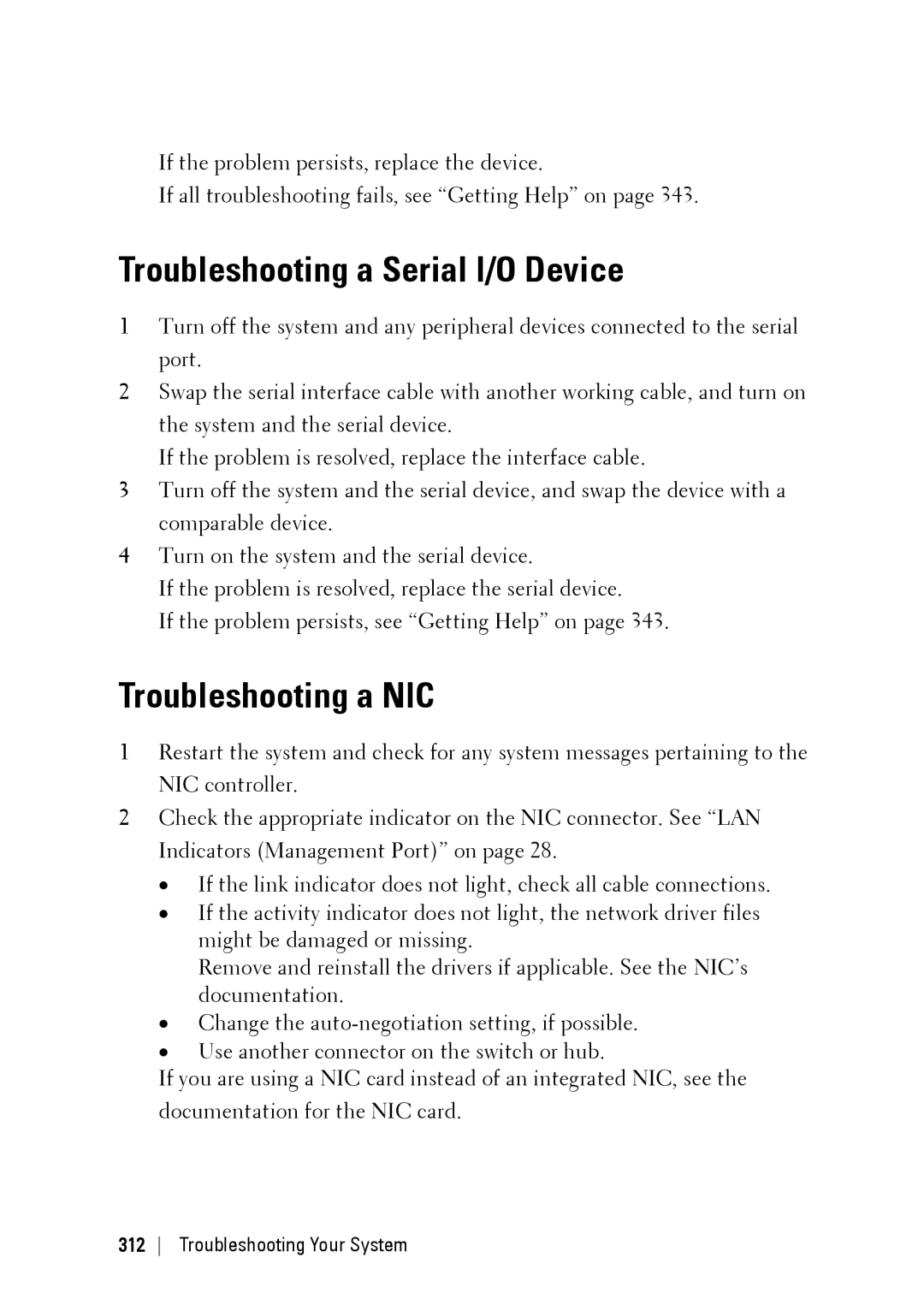 Dell C6220 II owner manual Troubleshooting a Serial I/O Device, Troubleshooting a NIC 