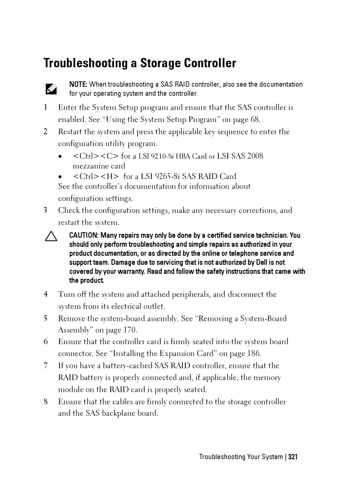 Dell C6220 II owner manual Troubleshooting a Storage Controller 