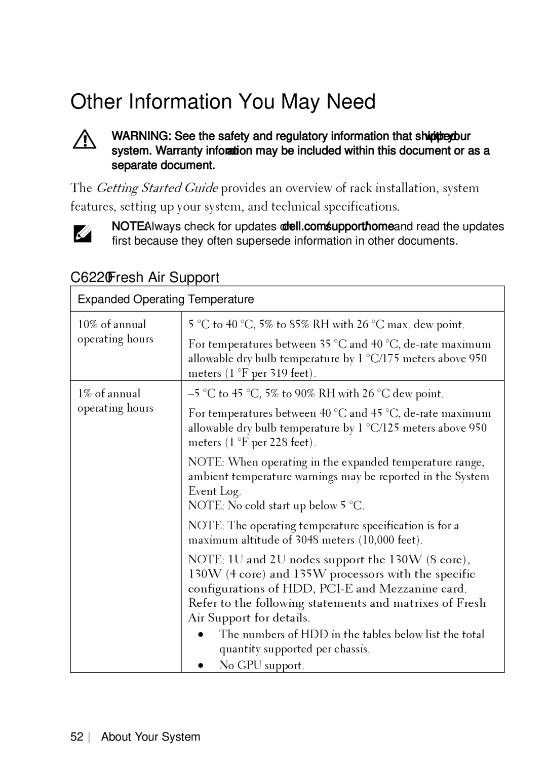 Dell C6220 II owner manual Other Information You May Need, C6220 Fresh Air Support, Expanded Operating Temperature 