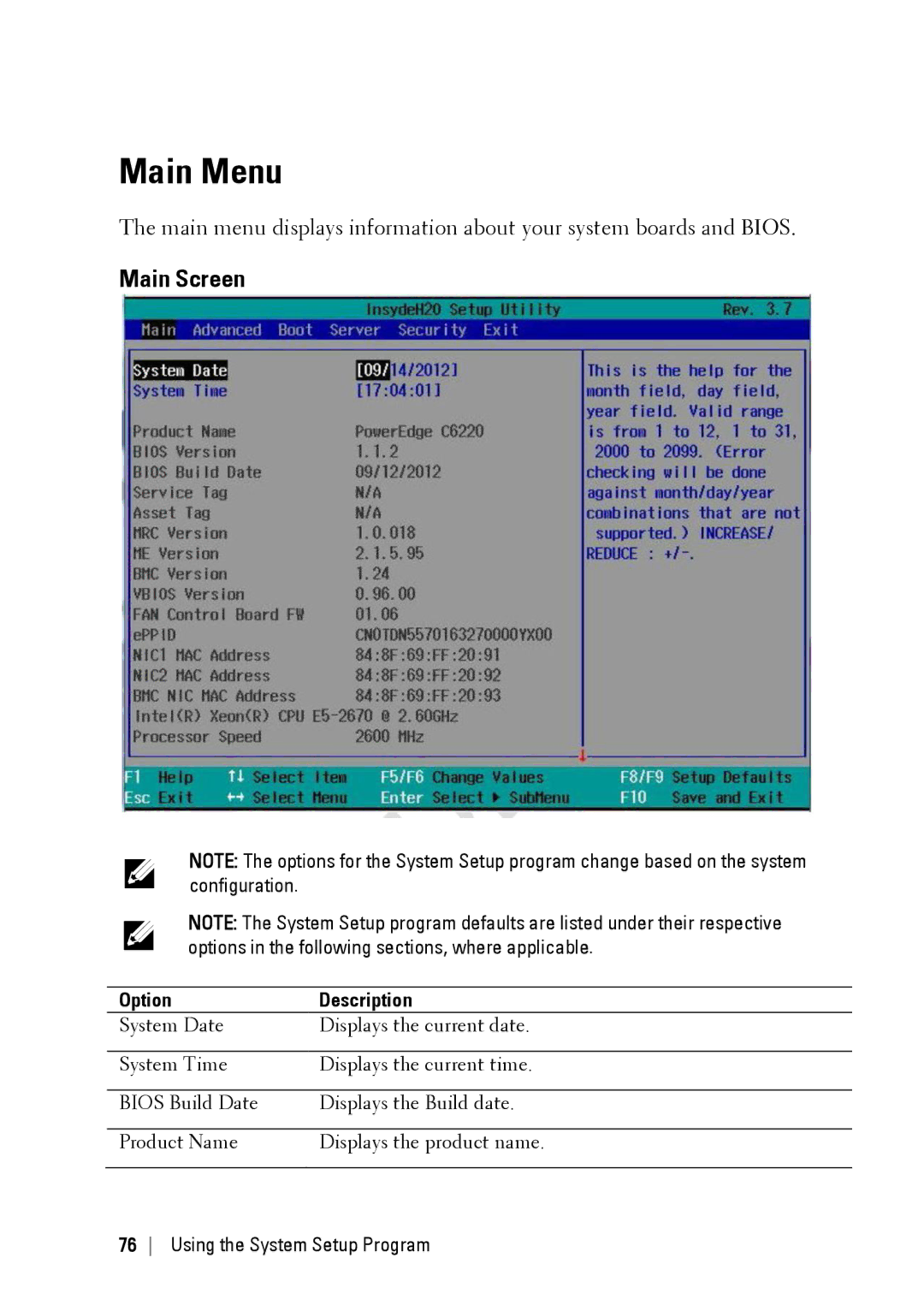 Dell C6220 II owner manual Main Menu, Main Screen, Option Description 