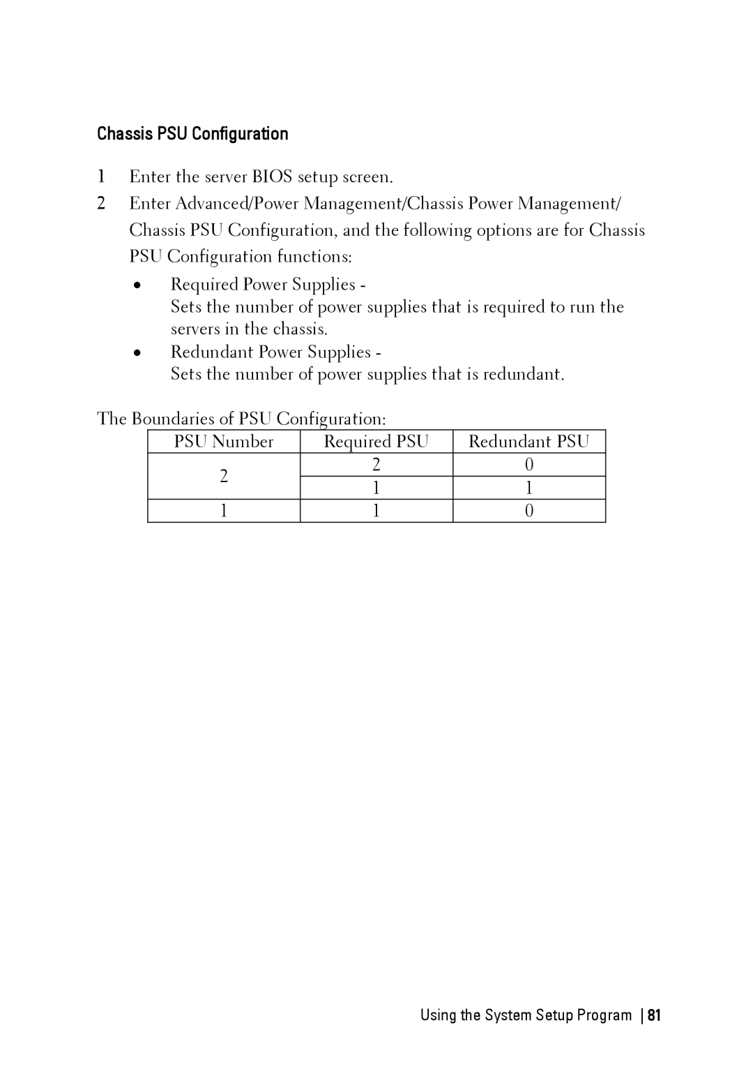 Dell C6220 II owner manual PSU Number, Redundant PSU 