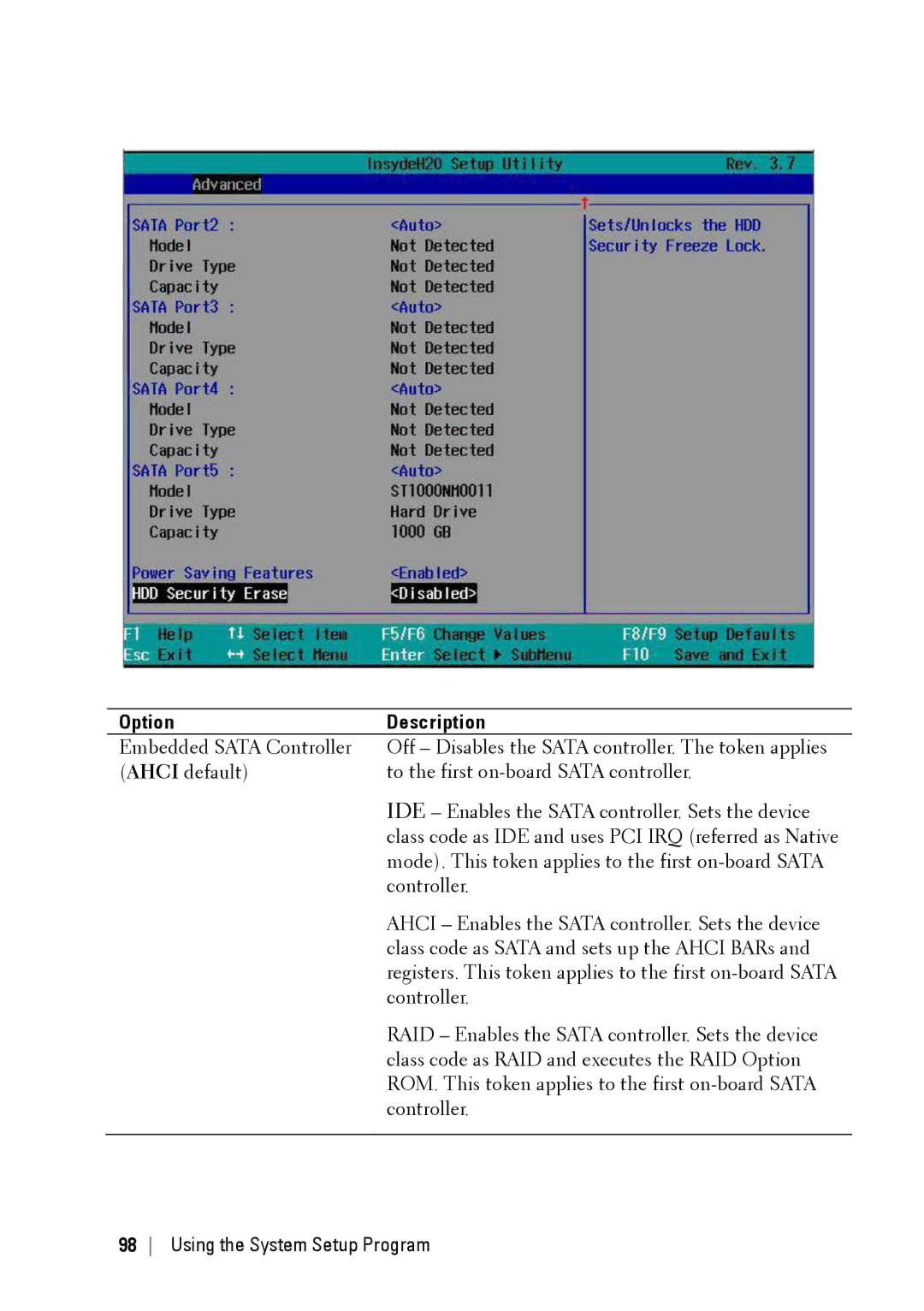 Dell C6220 II owner manual Embedded Sata Controller, Ahci Enables the Sata controller. Sets the device 