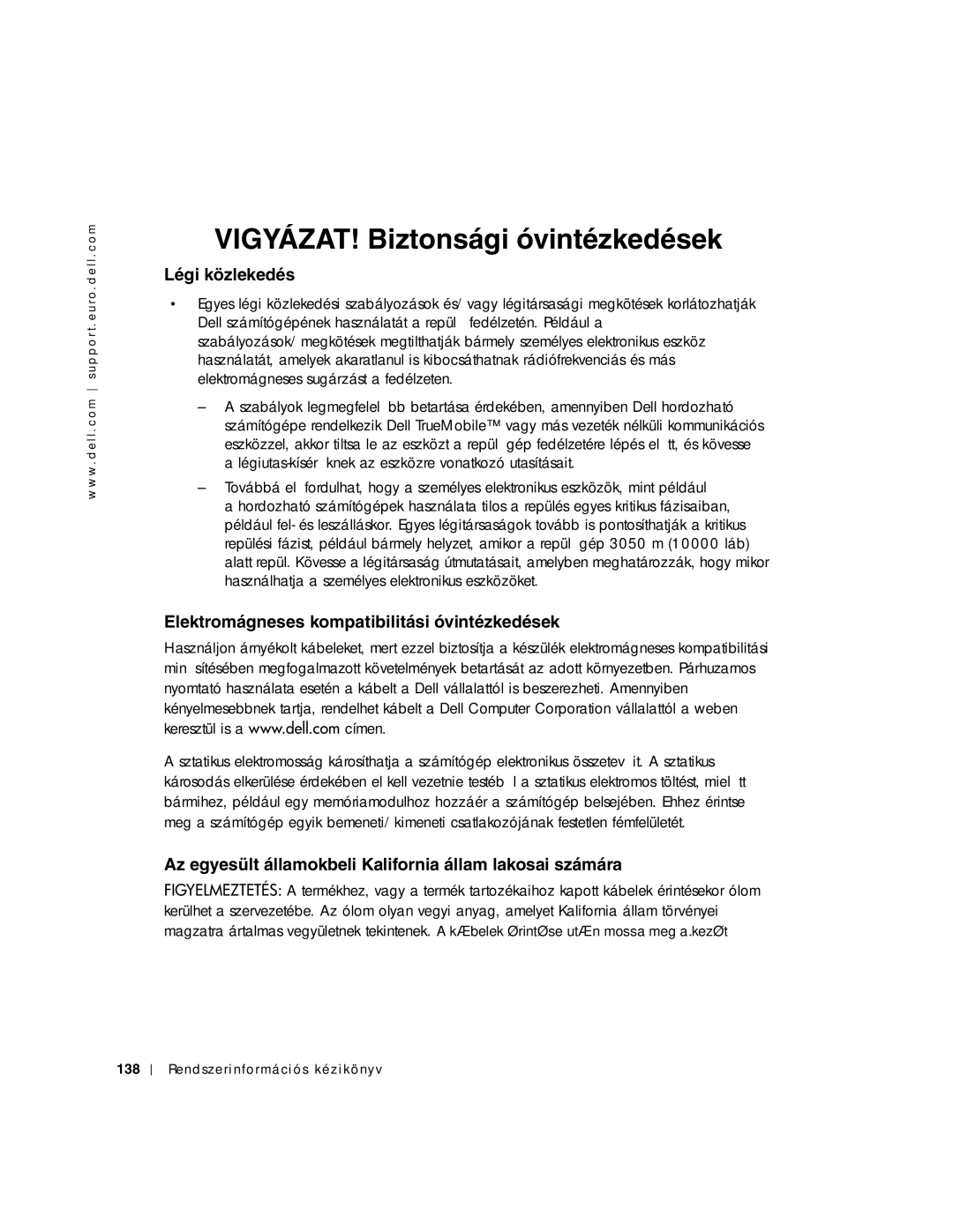 Dell C640, C540 manual Légi közlekedés, Elektromágneses kompatibilitási óvintézkedések 