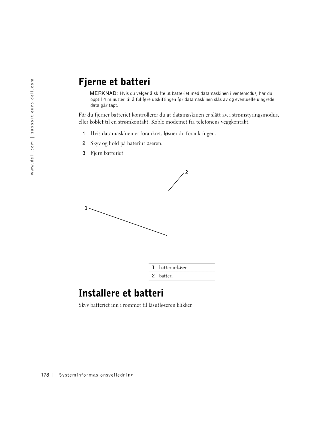 Dell C640, C540 manual Fjerne et batteri, Installere et batteri 