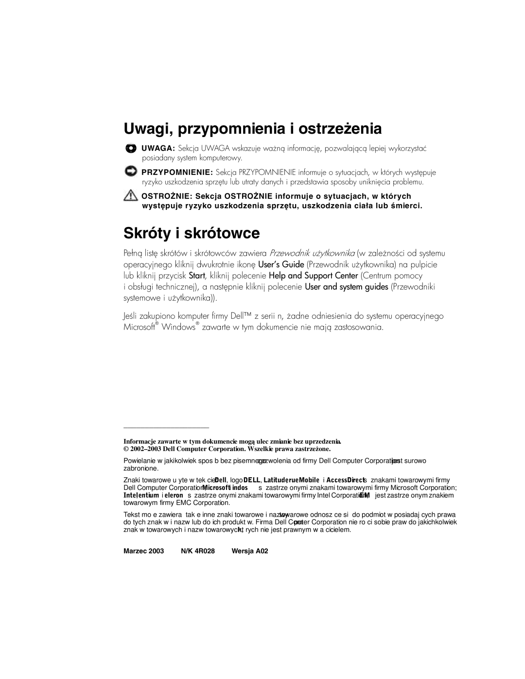 Dell C640, C540 manual Uwagi, przypomnienia i ostrzeżenia, Skróty i skrótowce, Systemowe i utkownika 