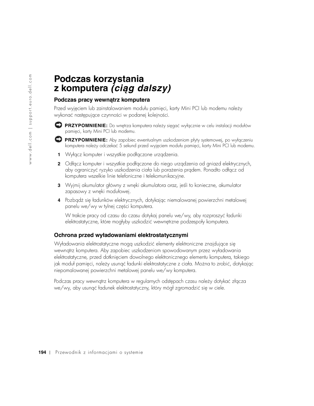 Dell C640, C540 manual Podczas pracy wewnątrz komputera, Ochrona przed wyładowaniami elektrostatycznymi 