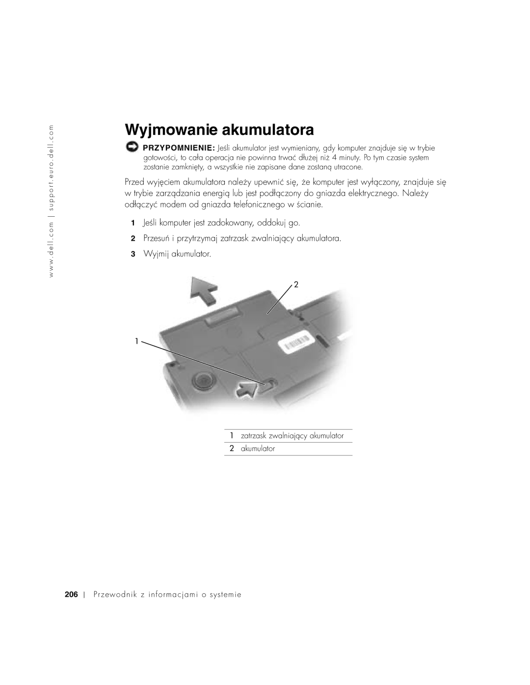 Dell C640, C540 manual Wyjmowanie akumulatora 