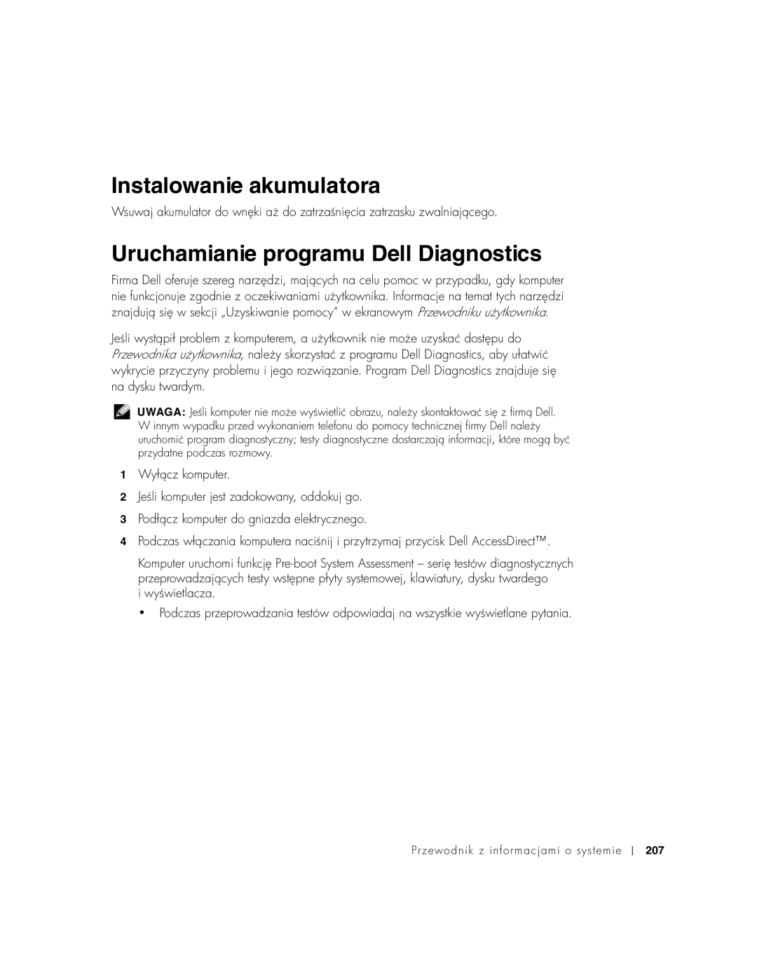 Dell C540, C640 manual Instalowanie akumulatora, Uruchamianie programu Dell Diagnostics 