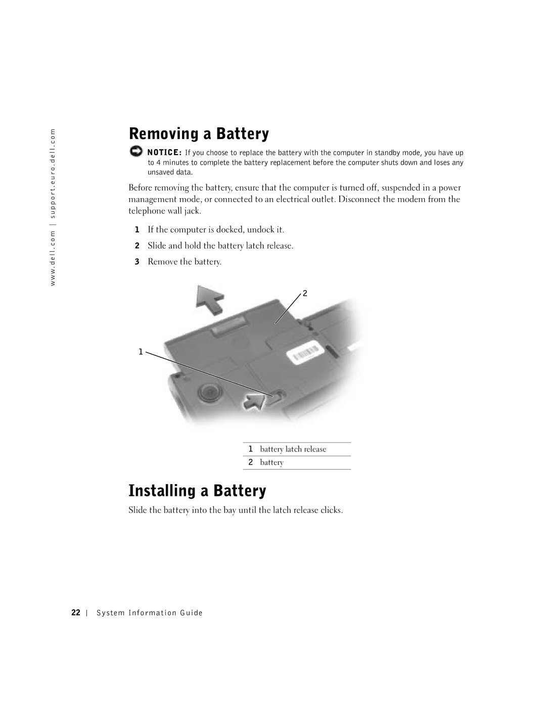 Dell C640, C540 manual Removing a Battery, Installing a Battery 