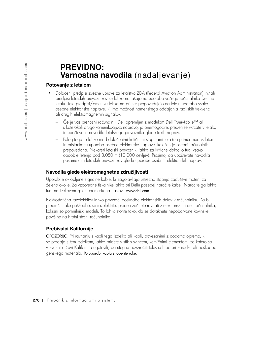 Dell C640, C540 manual Potovanje z letalom, Navodila glede elektromagnetne združljivosti, Prebivalci Kalifornije 