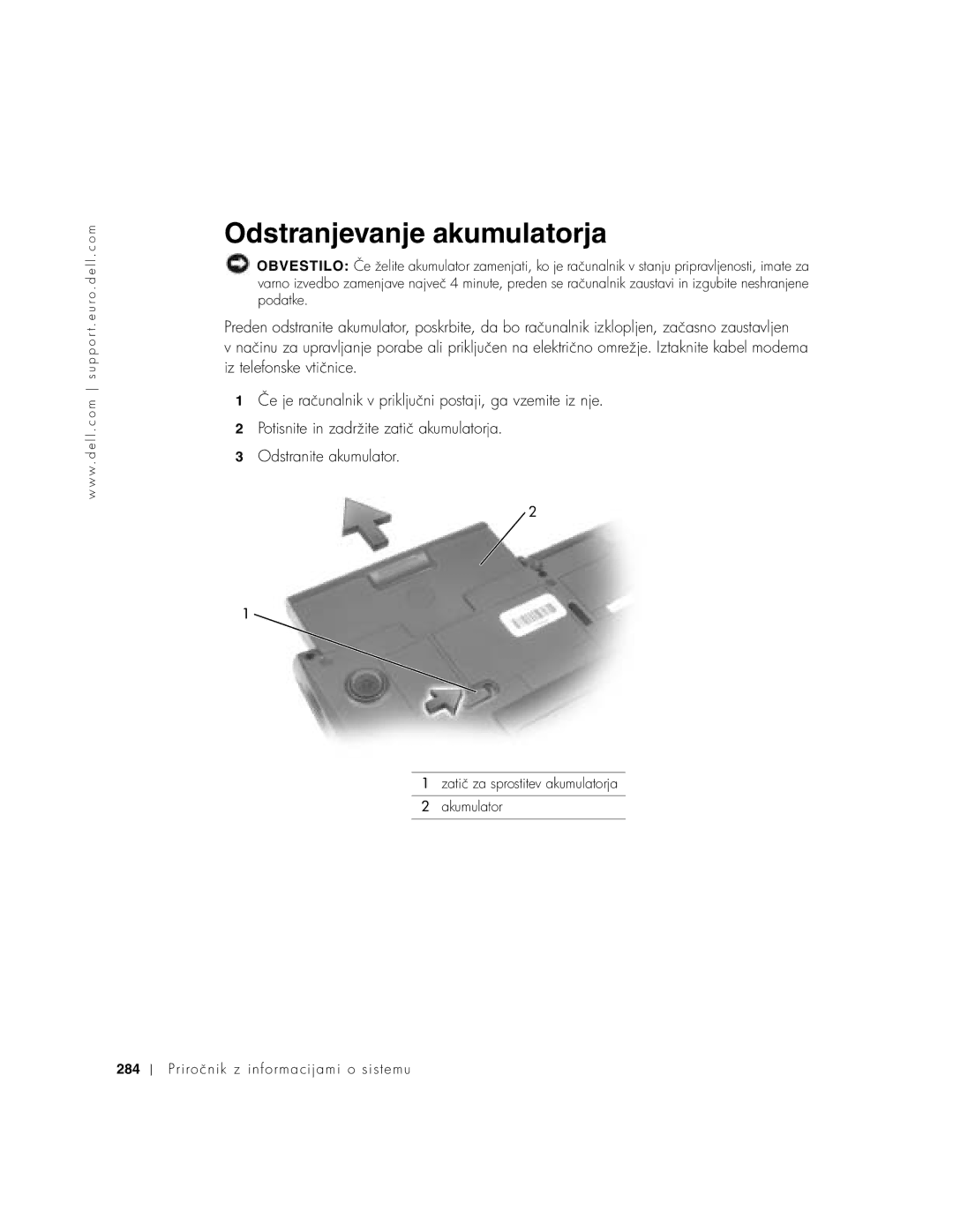 Dell C640, C540 manual Odstranjevanje akumulatorja 