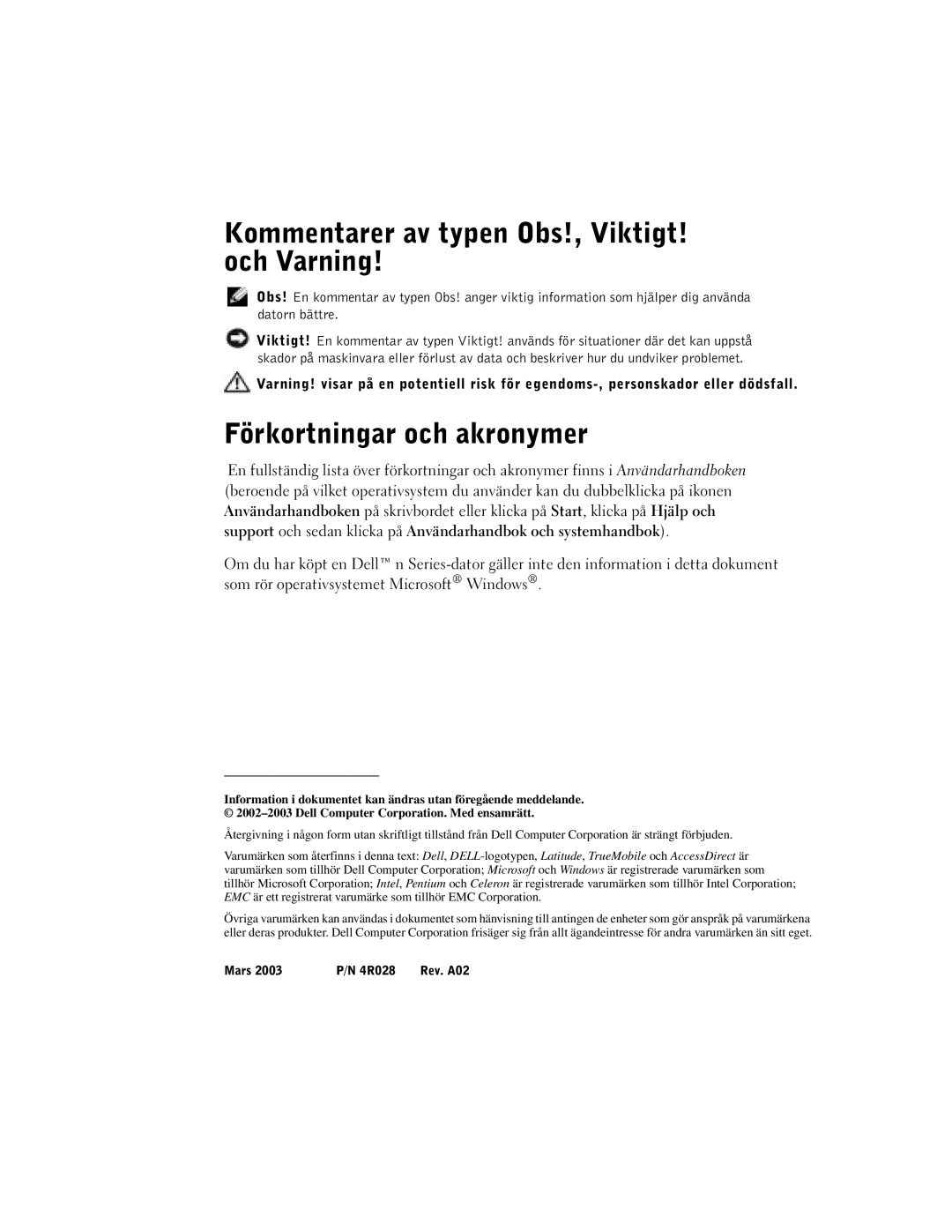 Dell C640, C540 manual Kommentarer av typen Obs!, Viktigt! och Varning, Förkortningar och akronymer 