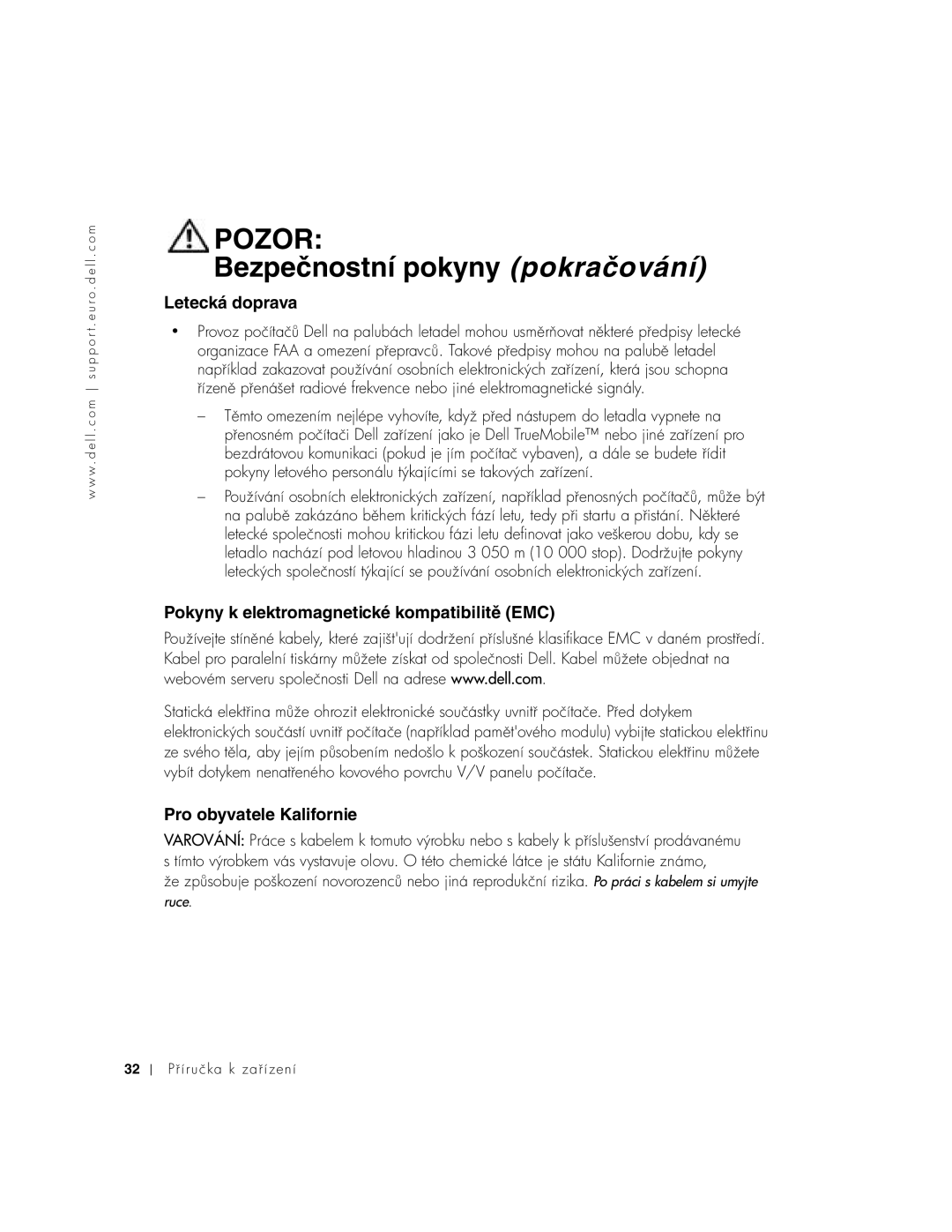 Dell C640, C540 manual Letecká doprava, Pokyny k elektromagnetické kompatibilitě EMC, Pro obyvatele Kalifornie 