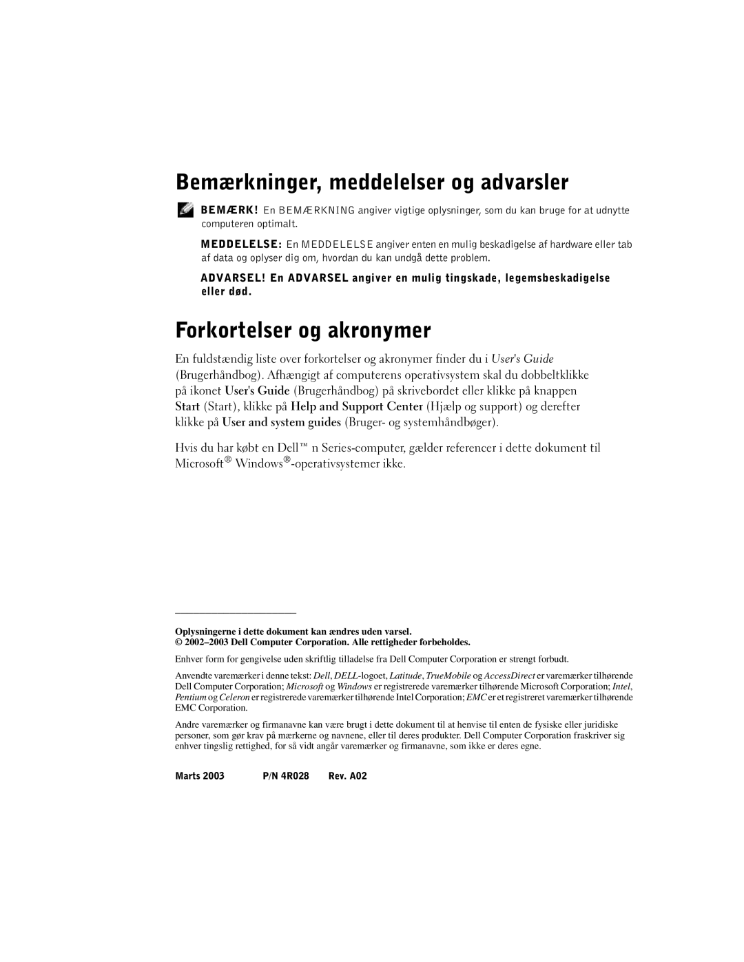 Dell C640, C540 manual Bemærkninger, meddelelser og advarsler, Forkortelser og akronymer 