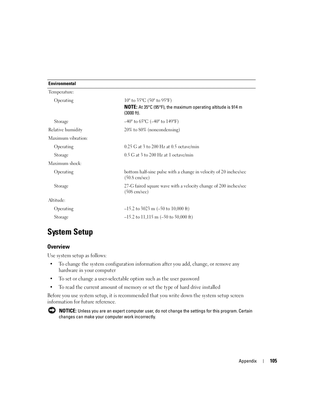 Dell C7565 manual System Setup, Overview, 105, 50.8 cm/sec, 508 cm/sec 