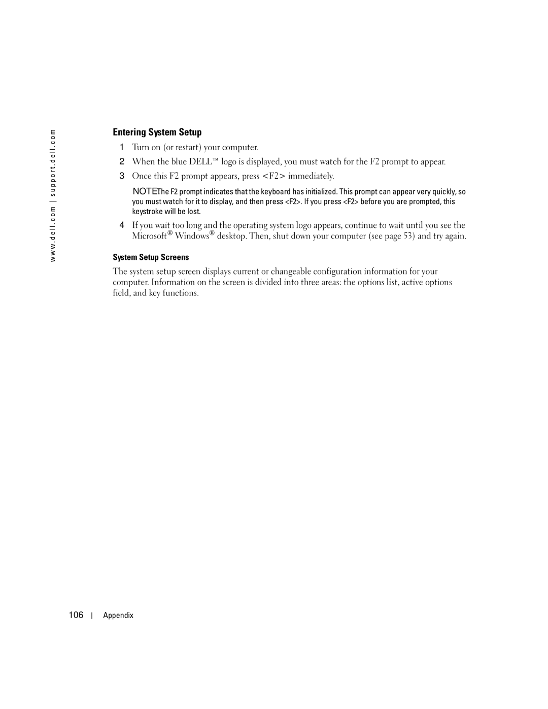 Dell C7565 manual Entering System Setup, System Setup Screens, 106 