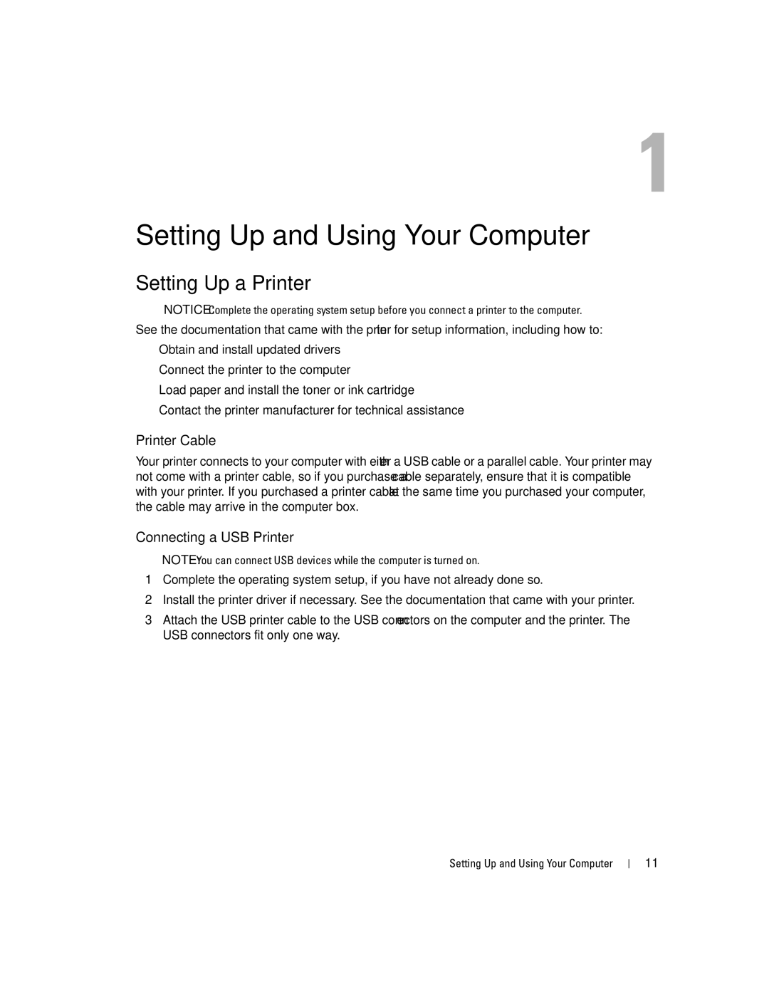 Dell C7565 manual Setting Up a Printer, Printer Cable, Connecting a USB Printer, Setting Up and Using Your Computer 