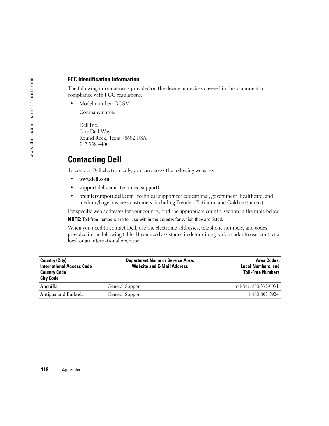 Dell C7565 manual Contacting Dell, FCC Identification Information, 118 