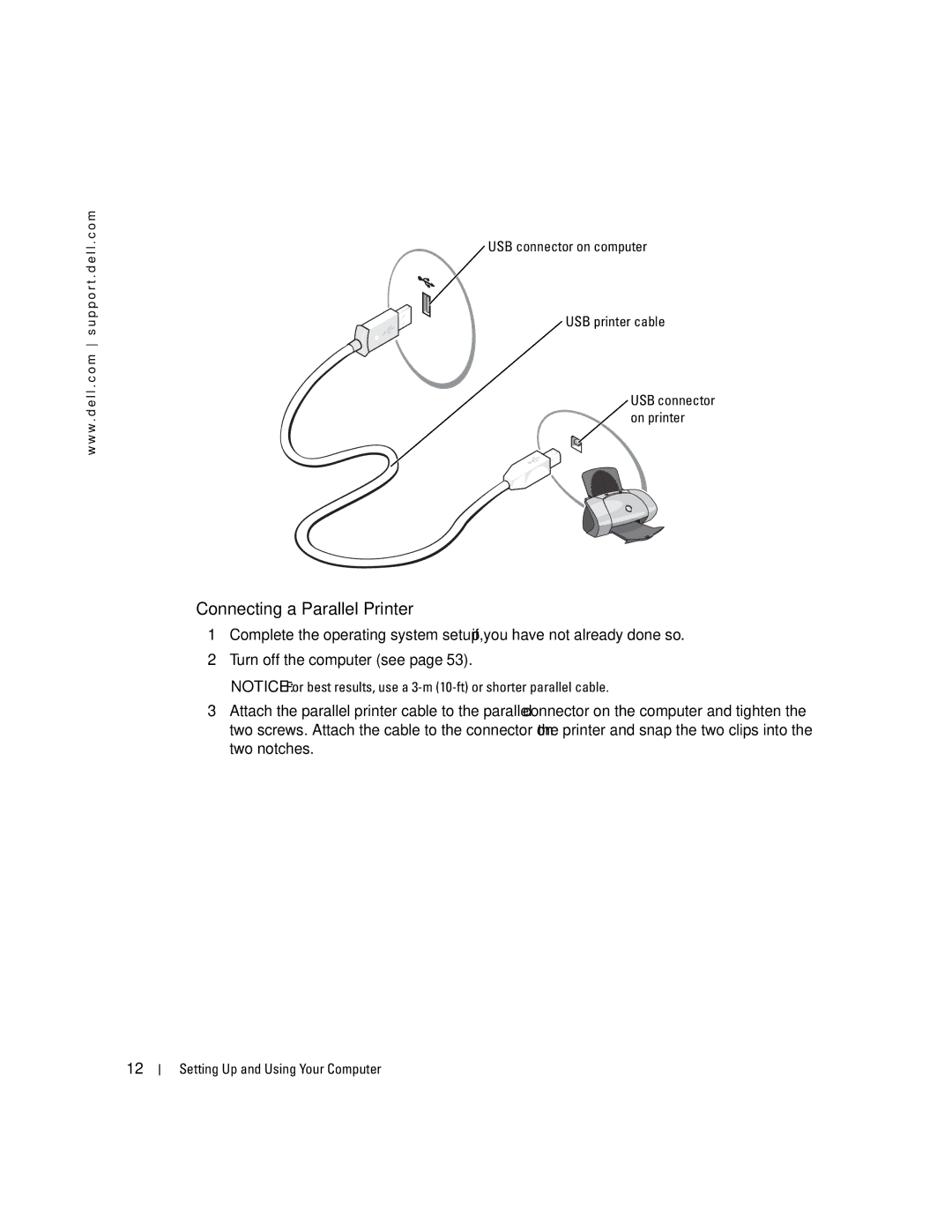 Dell C7565 manual Connecting a Parallel Printer, USB connector on computer USB printer cable 