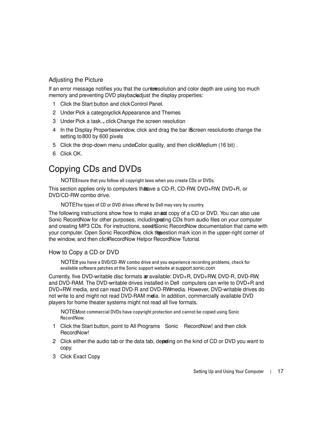 Dell C7565 manual Copying CDs and DVDs, Adjusting the Picture, How to Copy a CD or DVD, Click Exact Copy 
