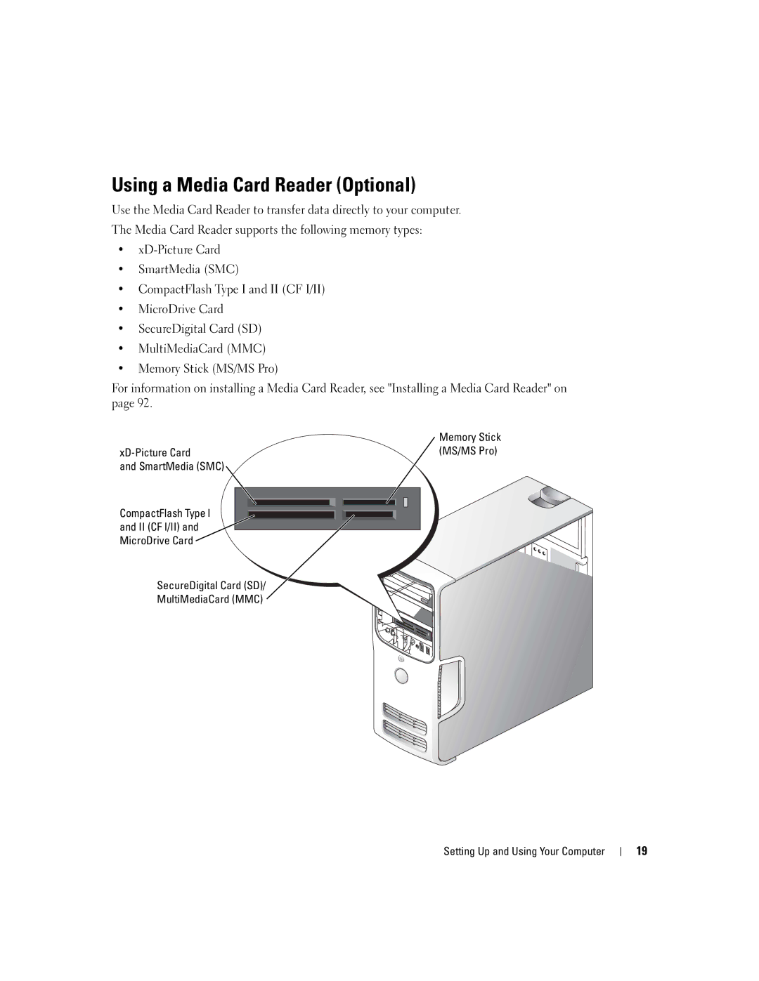 Dell C7565 manual Using a Media Card Reader Optional 