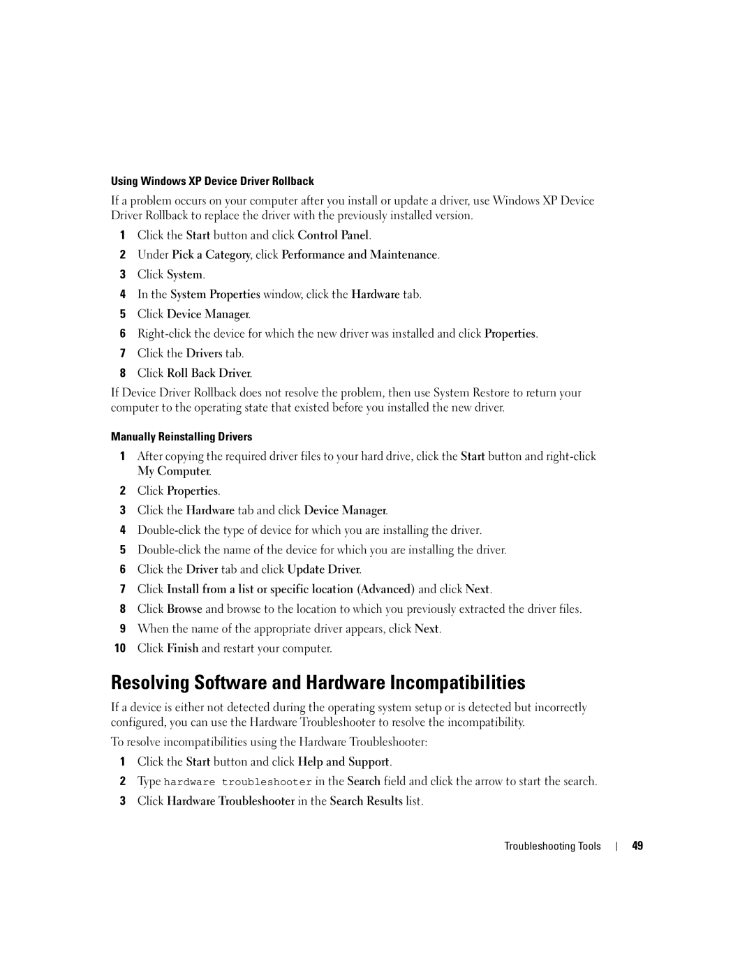 Dell C7565 manual Resolving Software and Hardware Incompatibilities, Using Windows XP Device Driver Rollback 