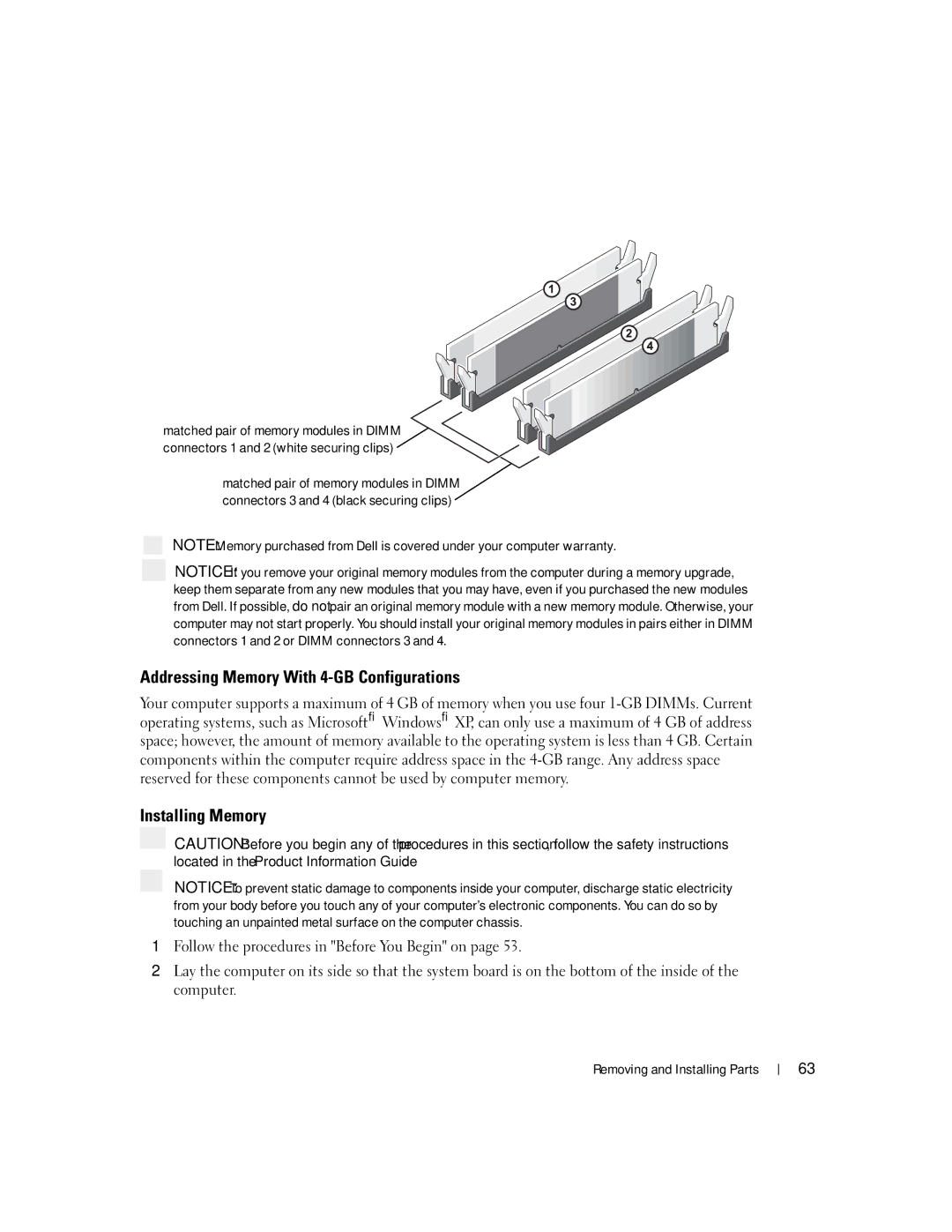 Dell C7565 manual Addressing Memory With 4-GB Configurations, Installing Memory 