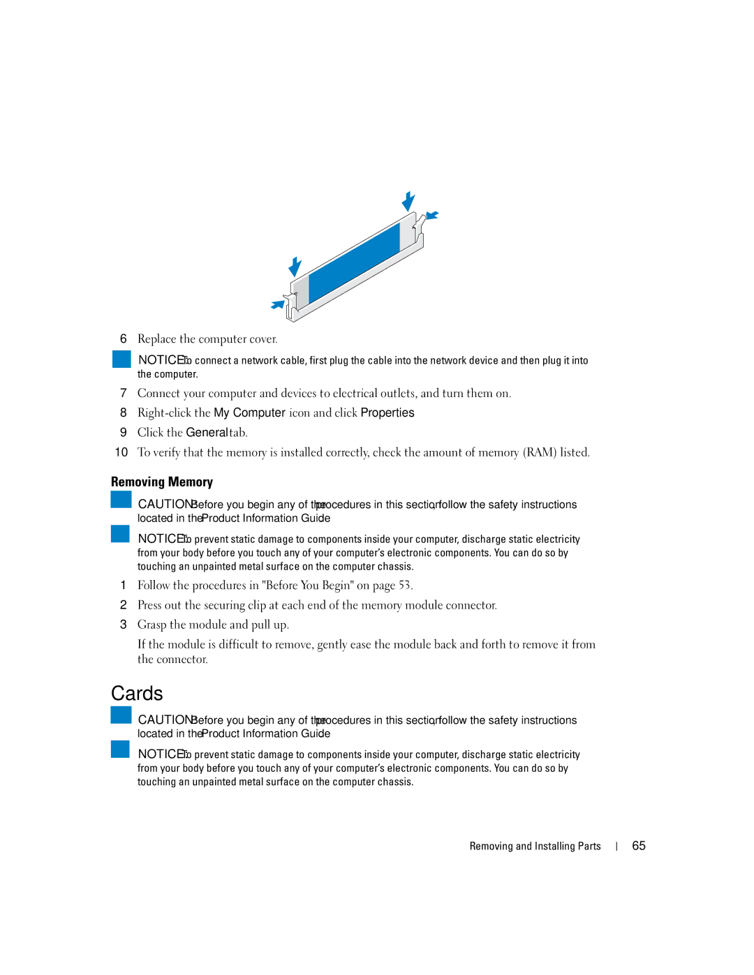 Dell C7565 manual Cards, Removing Memory 