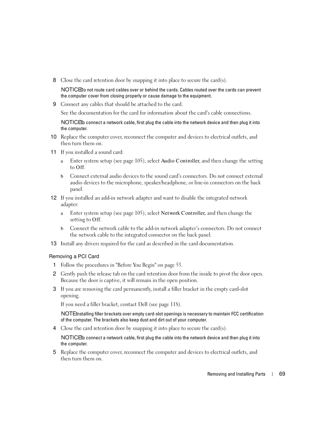 Dell C7565 manual Removing a PCI Card 
