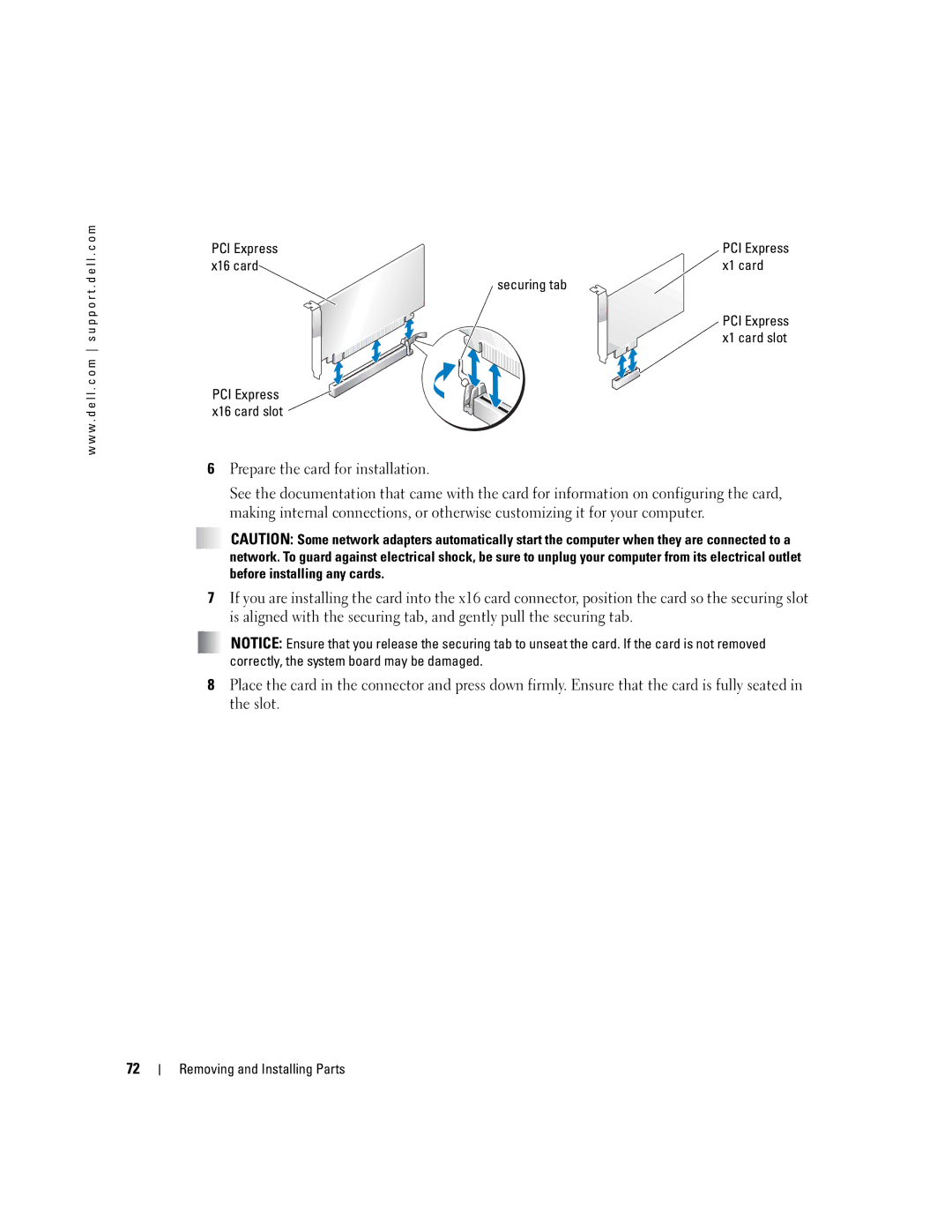 Dell C7565 manual PCI Express, X16 card X1 card Securing tab 