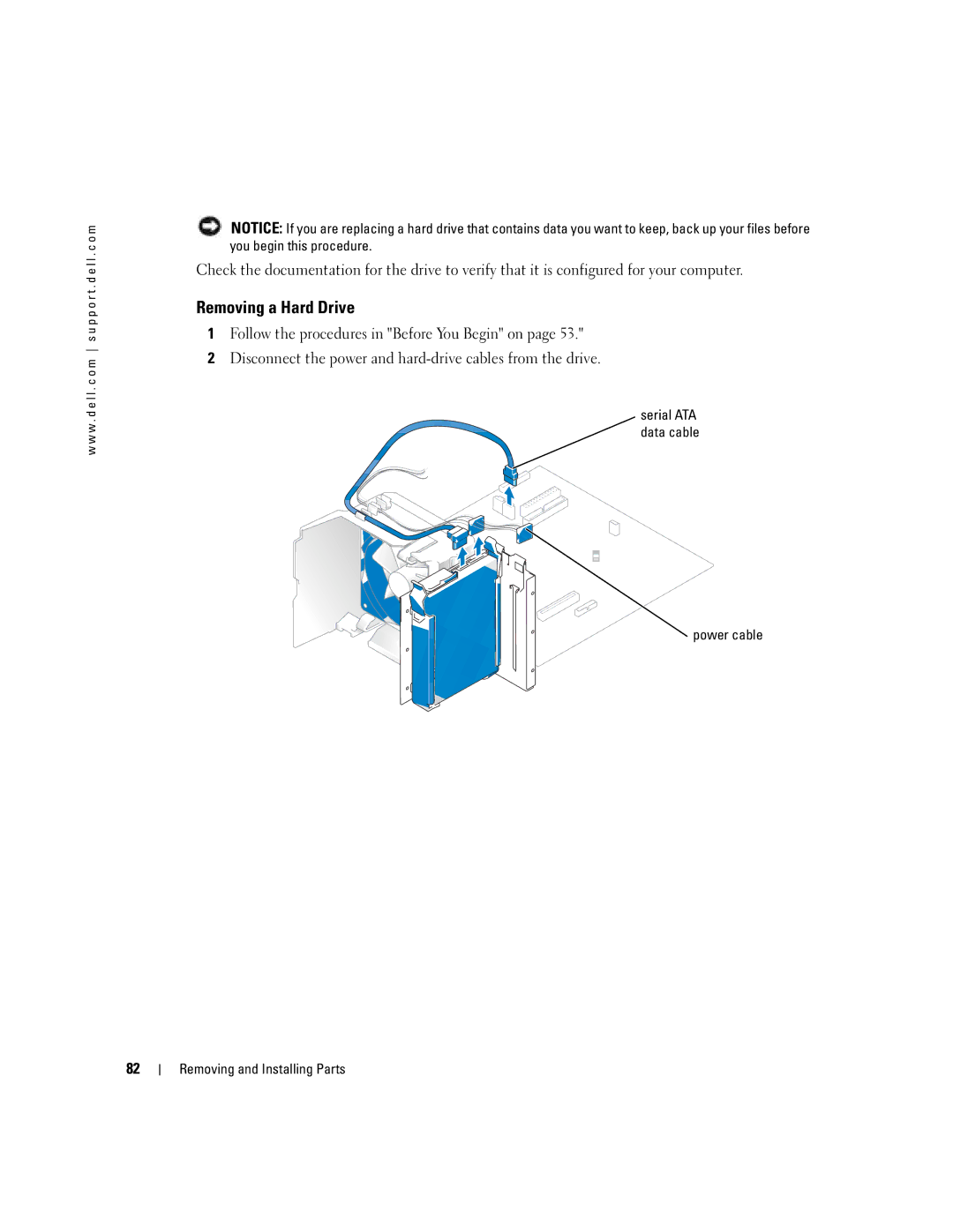 Dell C7565 manual Removing a Hard Drive, Power cable Removing and Installing Parts 