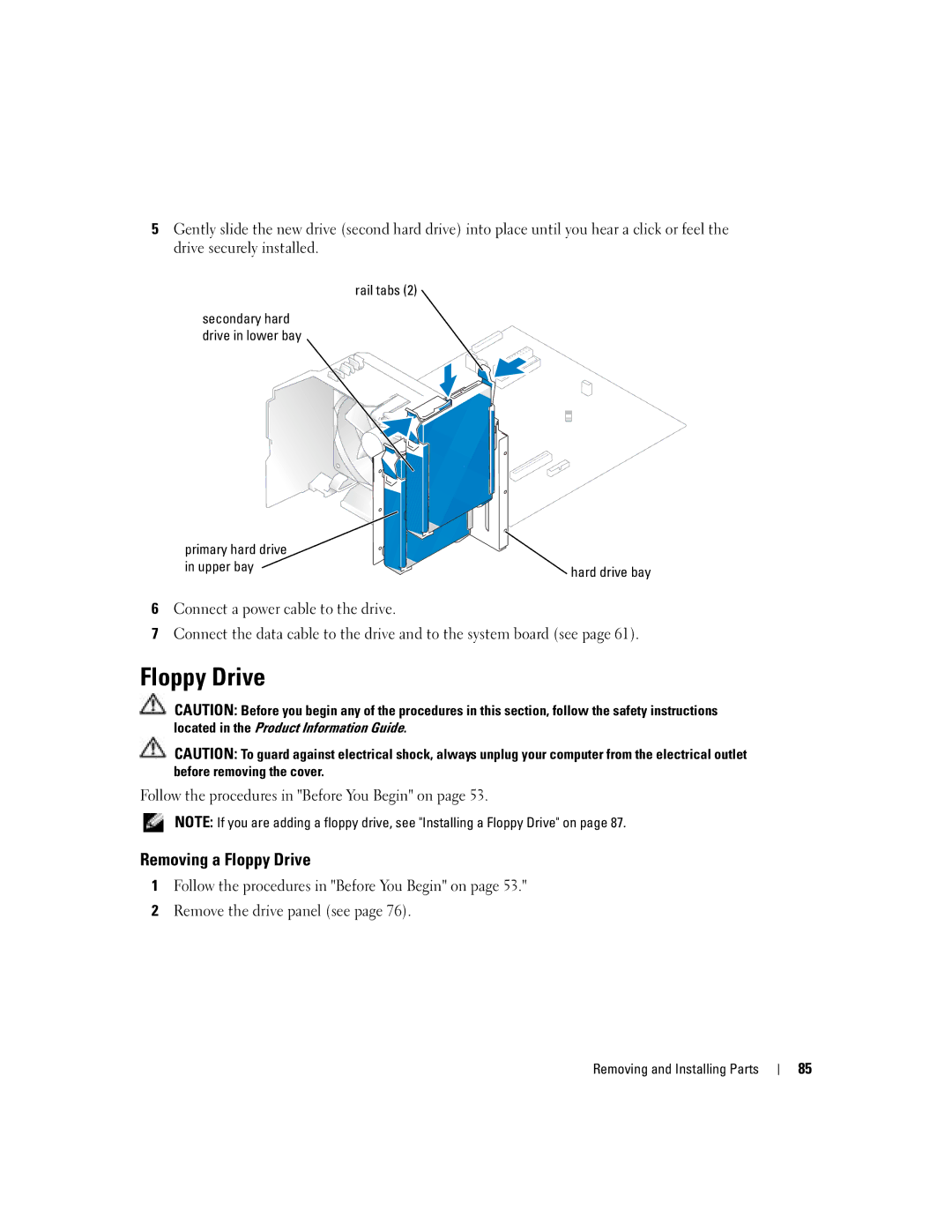 Dell C7565 manual Removing a Floppy Drive, Rail tabs, Hard drive bay 