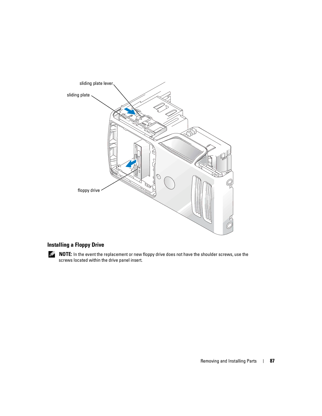 Dell C7565 manual Installing a Floppy Drive, Sliding plate lever Floppy drive 