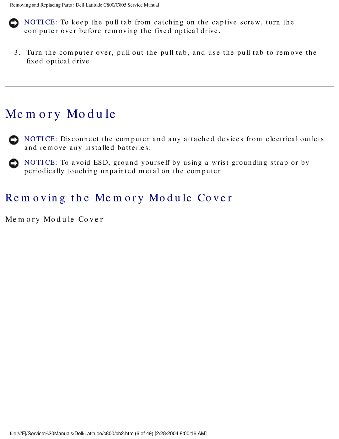 Dell C800 manual Removing the Memory Module Cover 