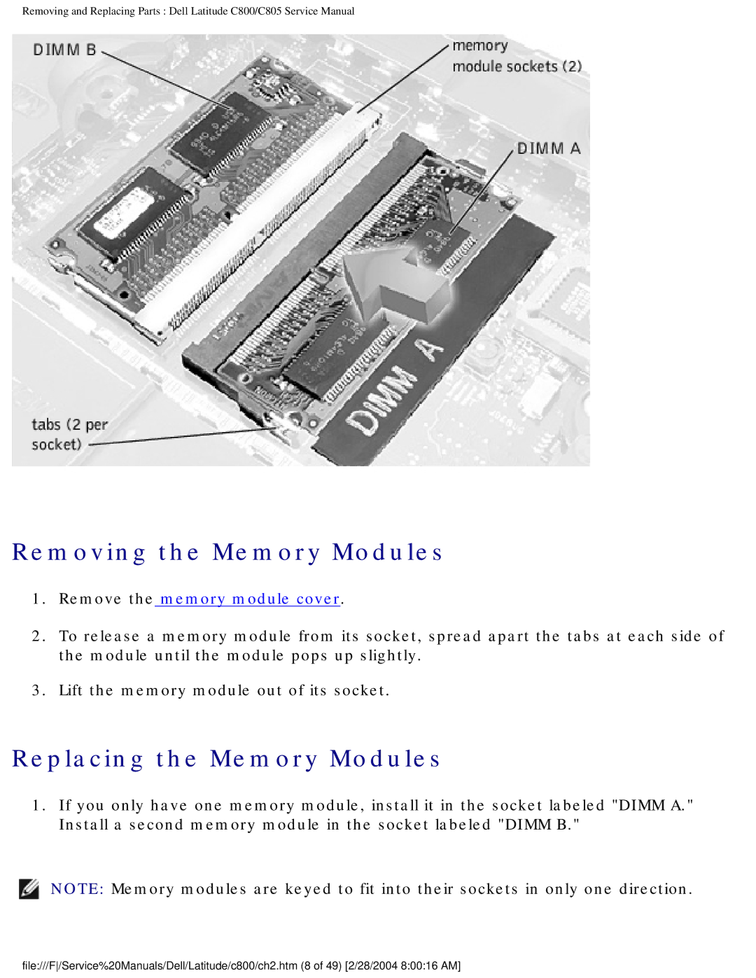 Dell C800 manual Removing the Memory Modules, Replacing the Memory Modules 