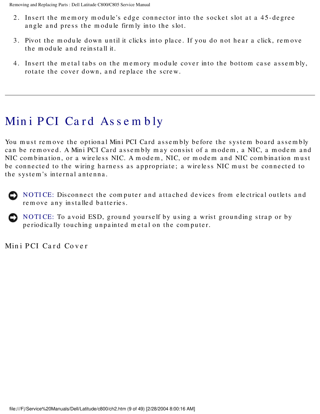 Dell C800 manual Mini PCI Card Assembly, Mini PCI Card Cover 