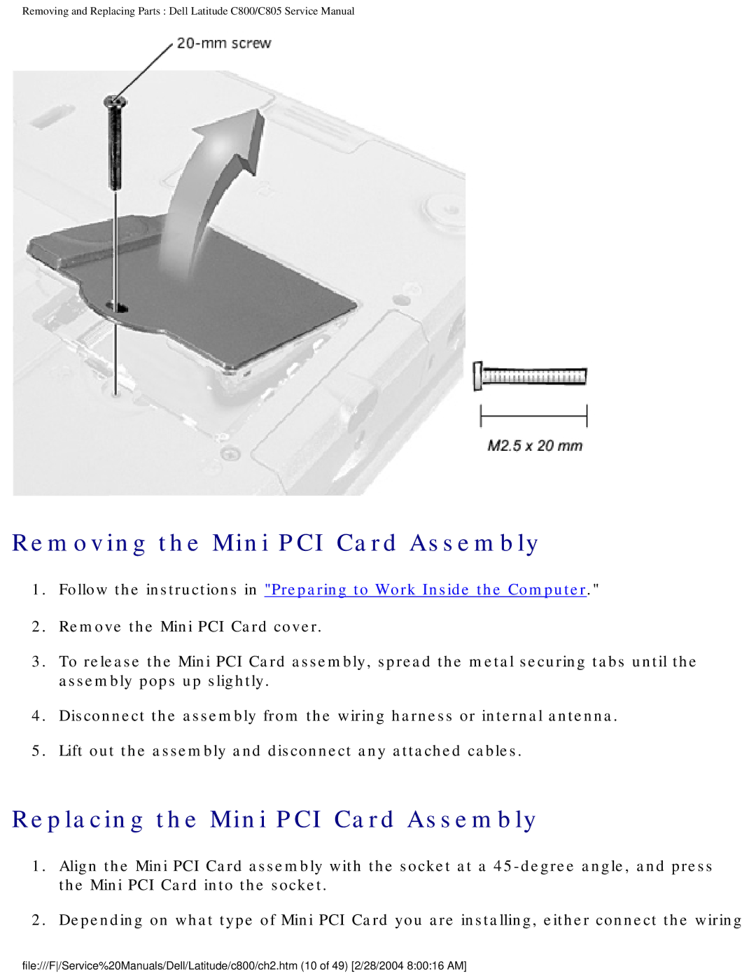 Dell C800 manual Removing the Mini PCI Card Assembly, Replacing the Mini PCI Card Assembly 