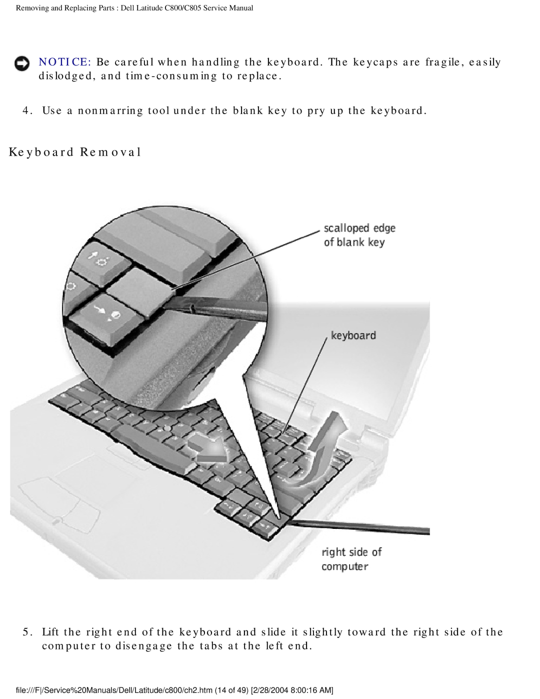 Dell C800 manual Keyboard Removal 