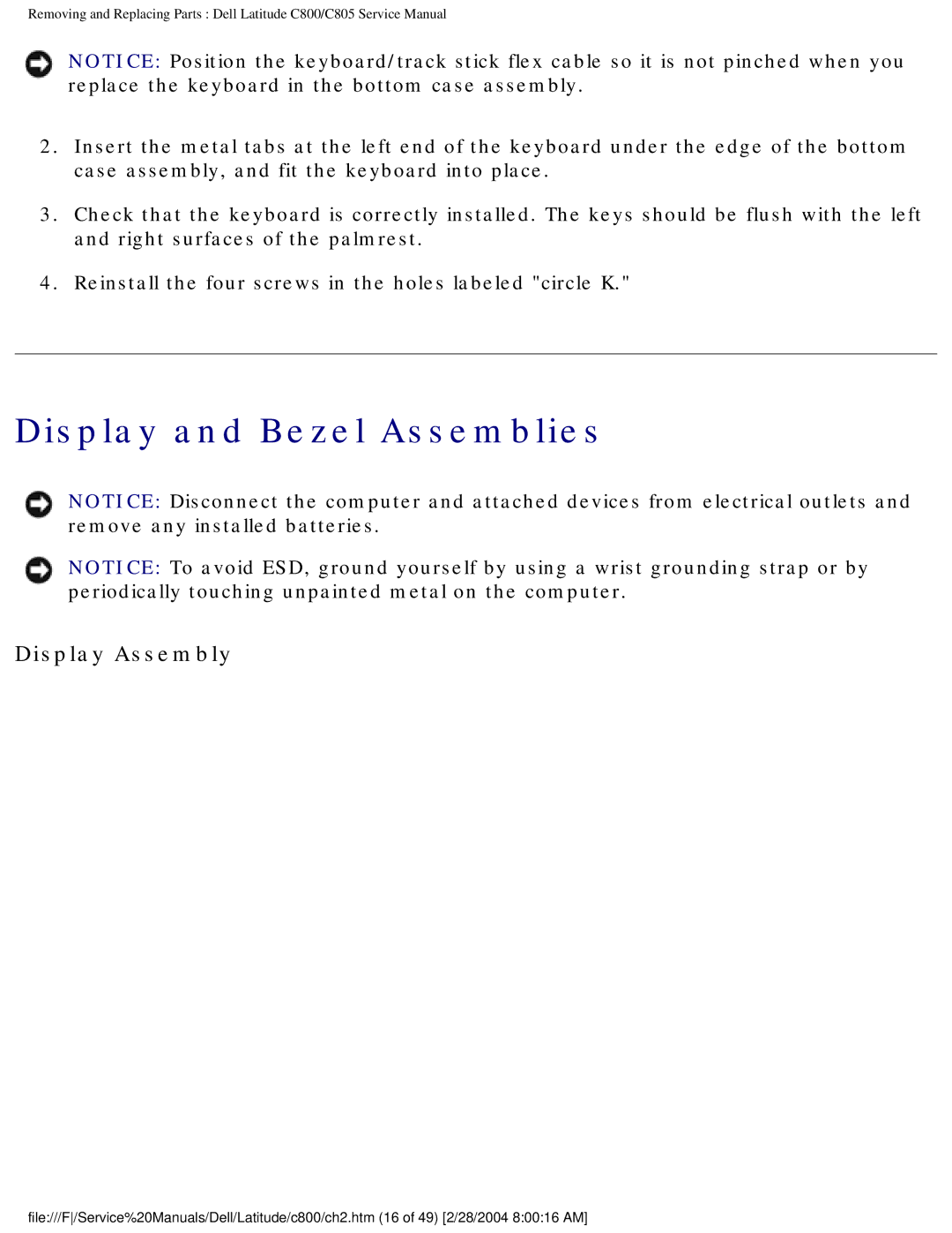 Dell C800 manual Display and Bezel Assemblies, Display Assembly 