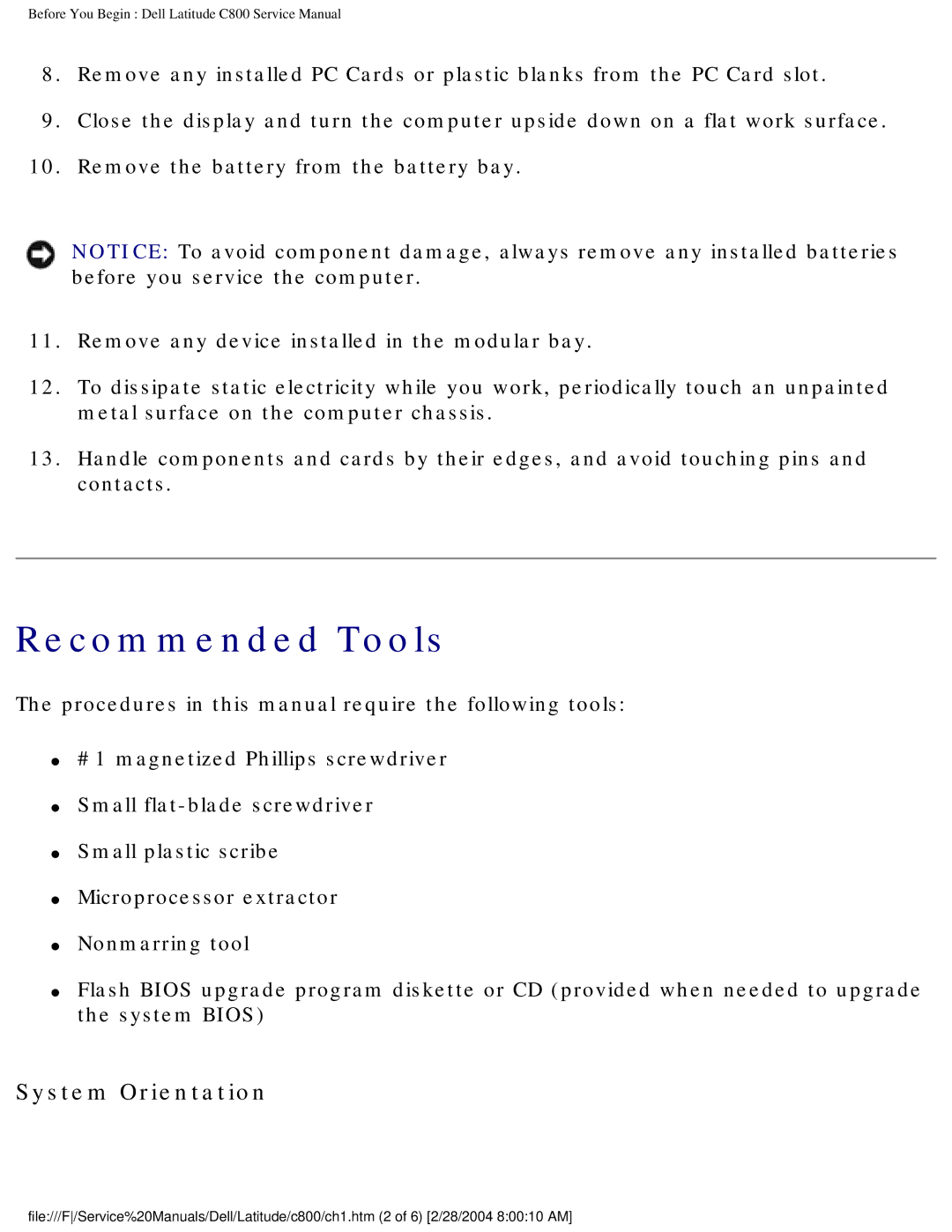 Dell C800 manual Recommended Tools 