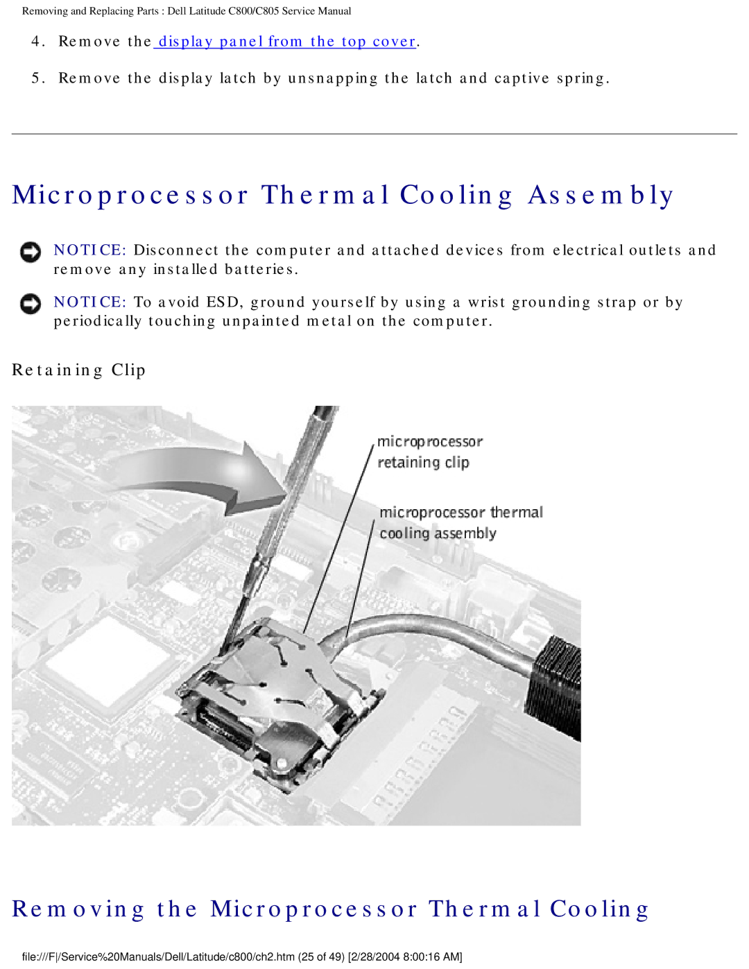 Dell C800 manual Microprocessor Thermal Cooling Assembly, Removing the Microprocessor Thermal Cooling, Retaining Clip 