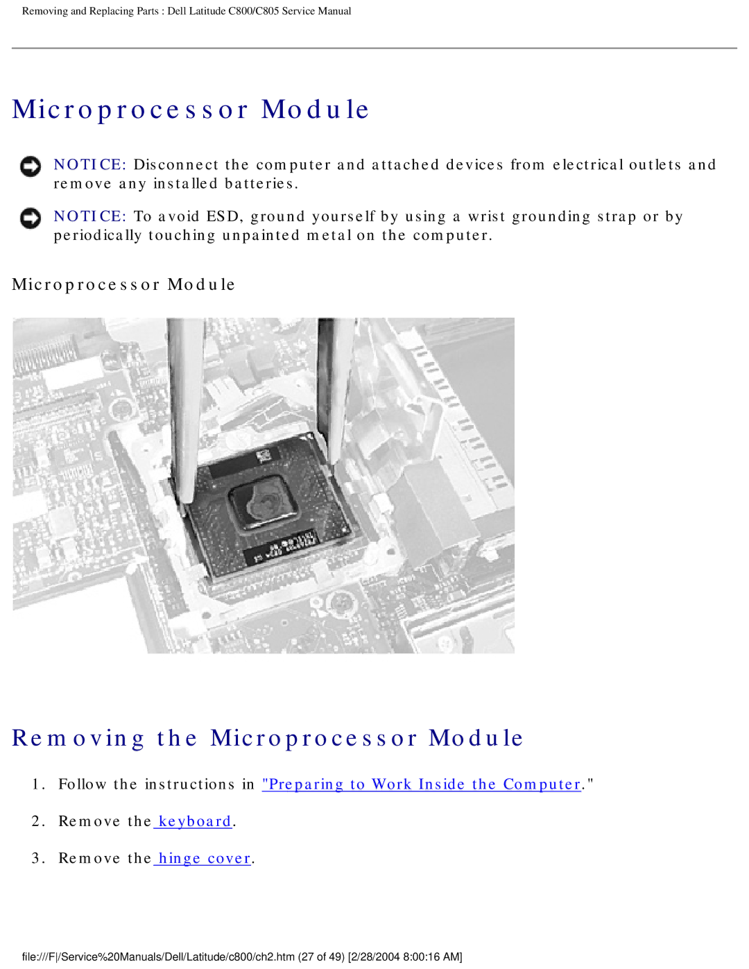 Dell C800 manual Removing the Microprocessor Module 